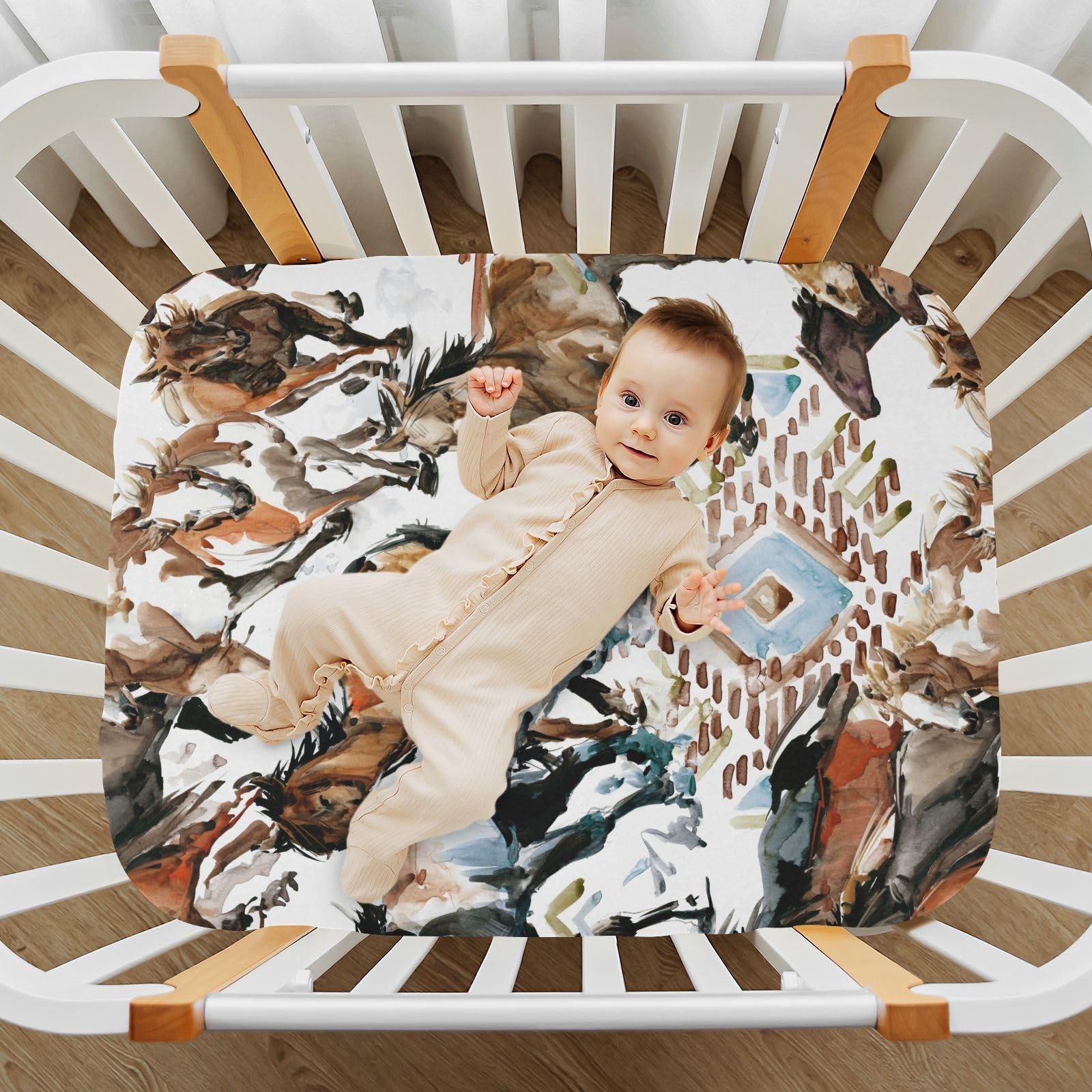 CaTaKu CaTaKu Crib Sheets for Boys Runing Horses Western Fitted Baby Sheets for Mini Crib, Nursery Mattress Sheets Toddler Bed Sheets for Baby Boys 27"x 39"