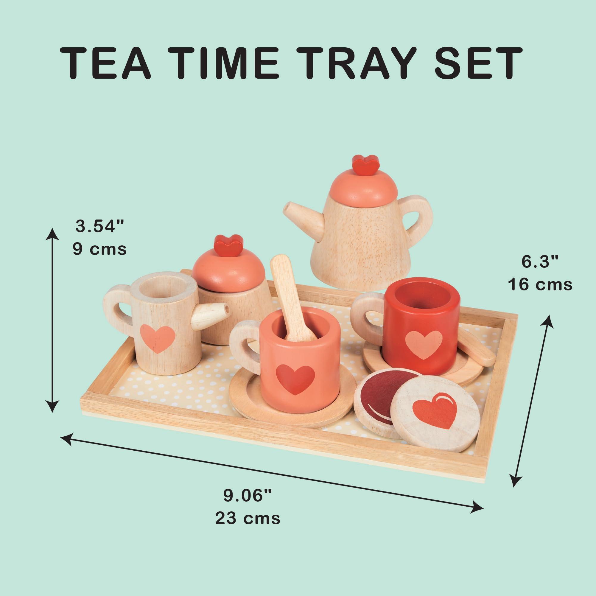 Mentari Mentari Toys - Tea Time Tray Set - Wooden Pink Teapot, Cups and Trays for Pretend Afternoon Tea Party - Social, Creative, and Imaginative Development - Learning Role Play - Age 3+