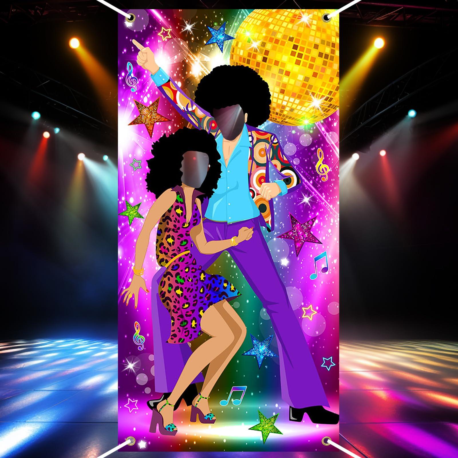 Lecheme Lecheme Disco Door Banner with Face Hole 3x6ft 70s Party Decorations 70s Theme Photo Props Party Supplies Face Cutout Photo Background