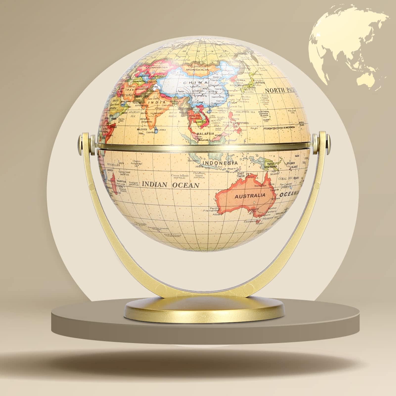 Pilipane Mini Vintage World Globe of the World with Wooden Stand, 10cm Vintage World Globe Built, Antique Decorative Desktop Globe for Adults & Kids, Home Dcor, Office