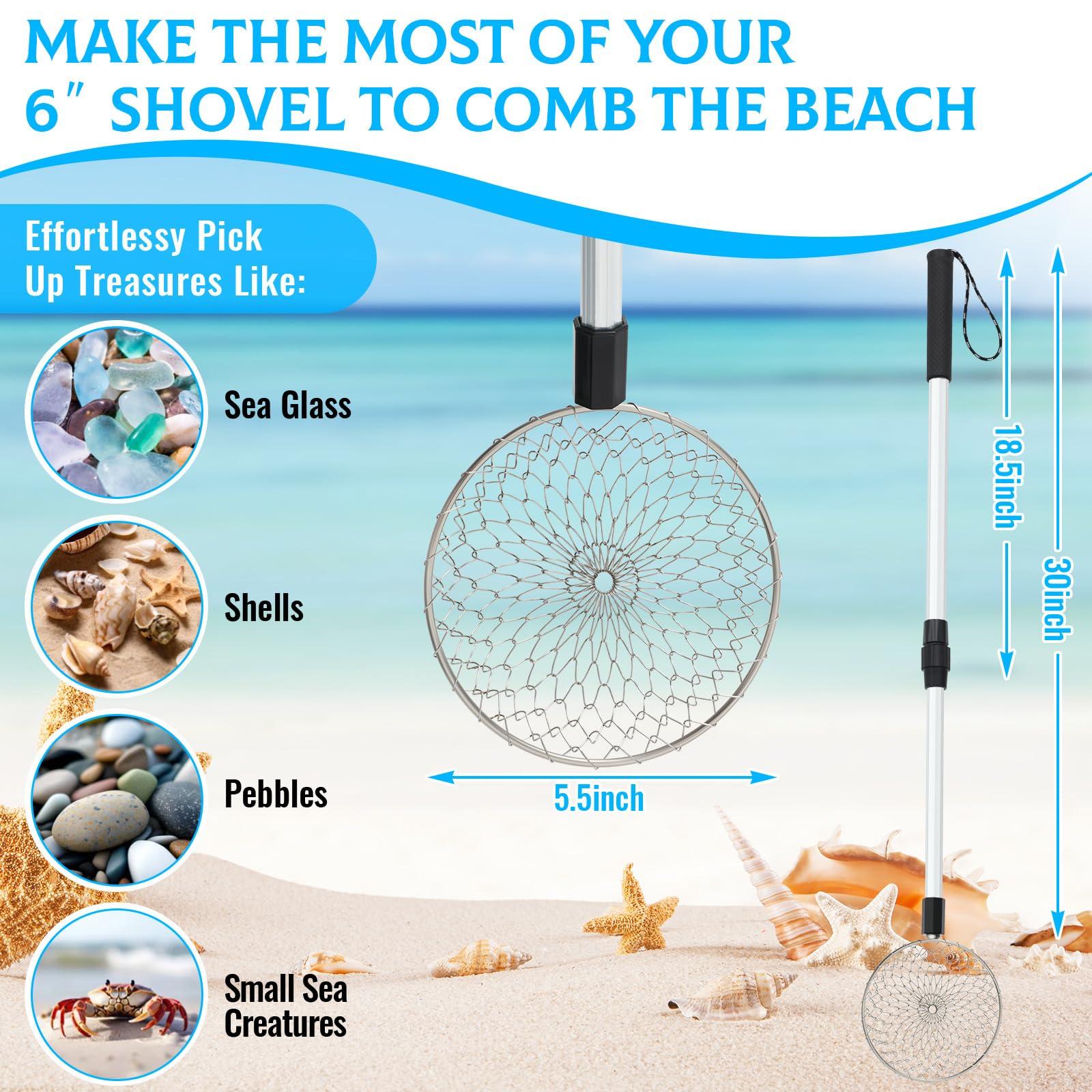 Roshtia Roshtia 2 Pack 28in Beach Sand Sifter Shell Scooper for Beach Shark Tooth Sifter, Sand Scoop Shell Scooper Beach Scoop Shovel and Sifter Tool for Beach(Black Round,5.5", 17"-29.5" Handle)