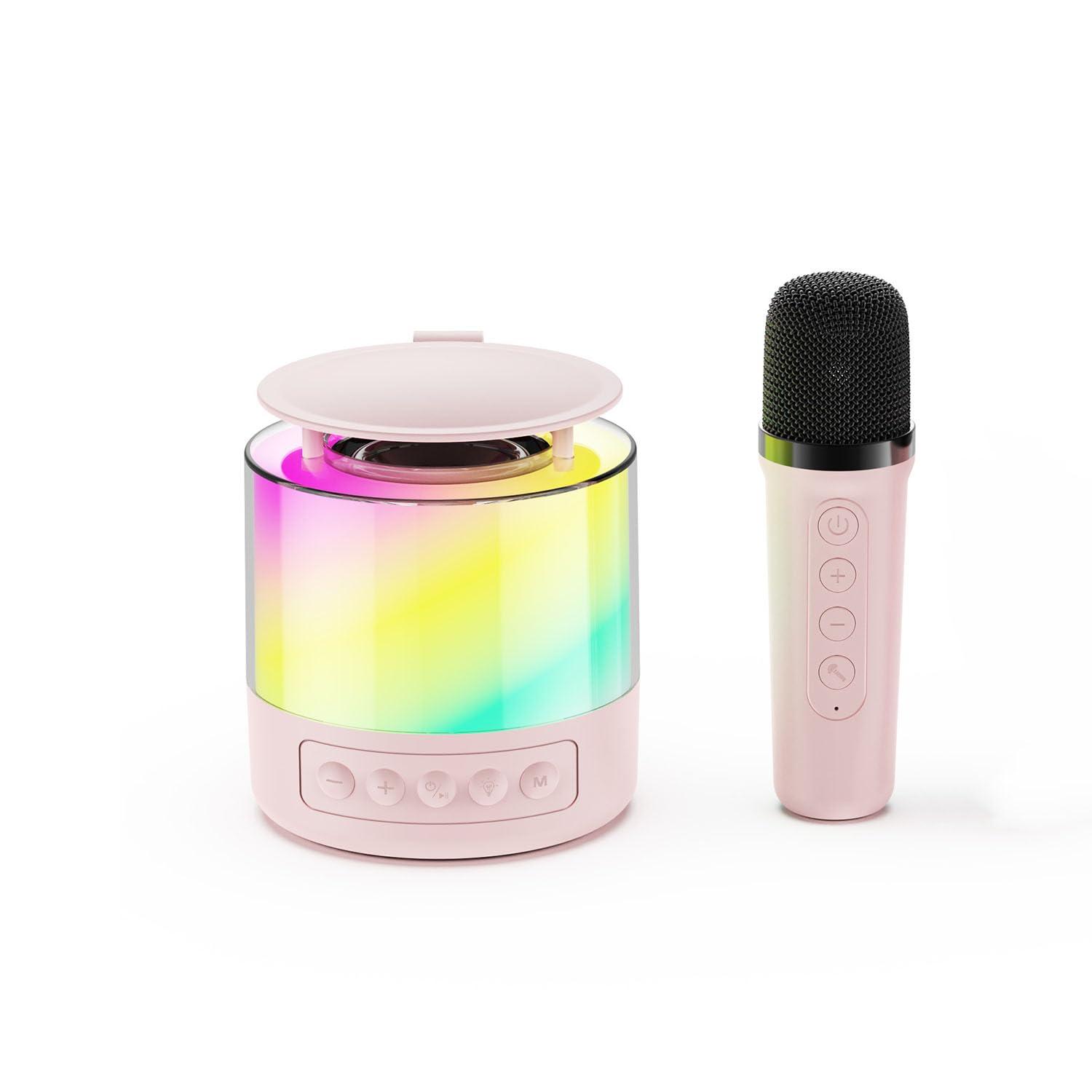 PUSHIZHIGUANG Mini Karaoke Machine for Kids Adults, Portable Bluetooth Karaoke Speaker with Wireless Microphone and LED Color Lights for Home Birthday Party for Girls or Boys Ages 4, 5,6,7,8,10+ (Pink, 1 Mic)