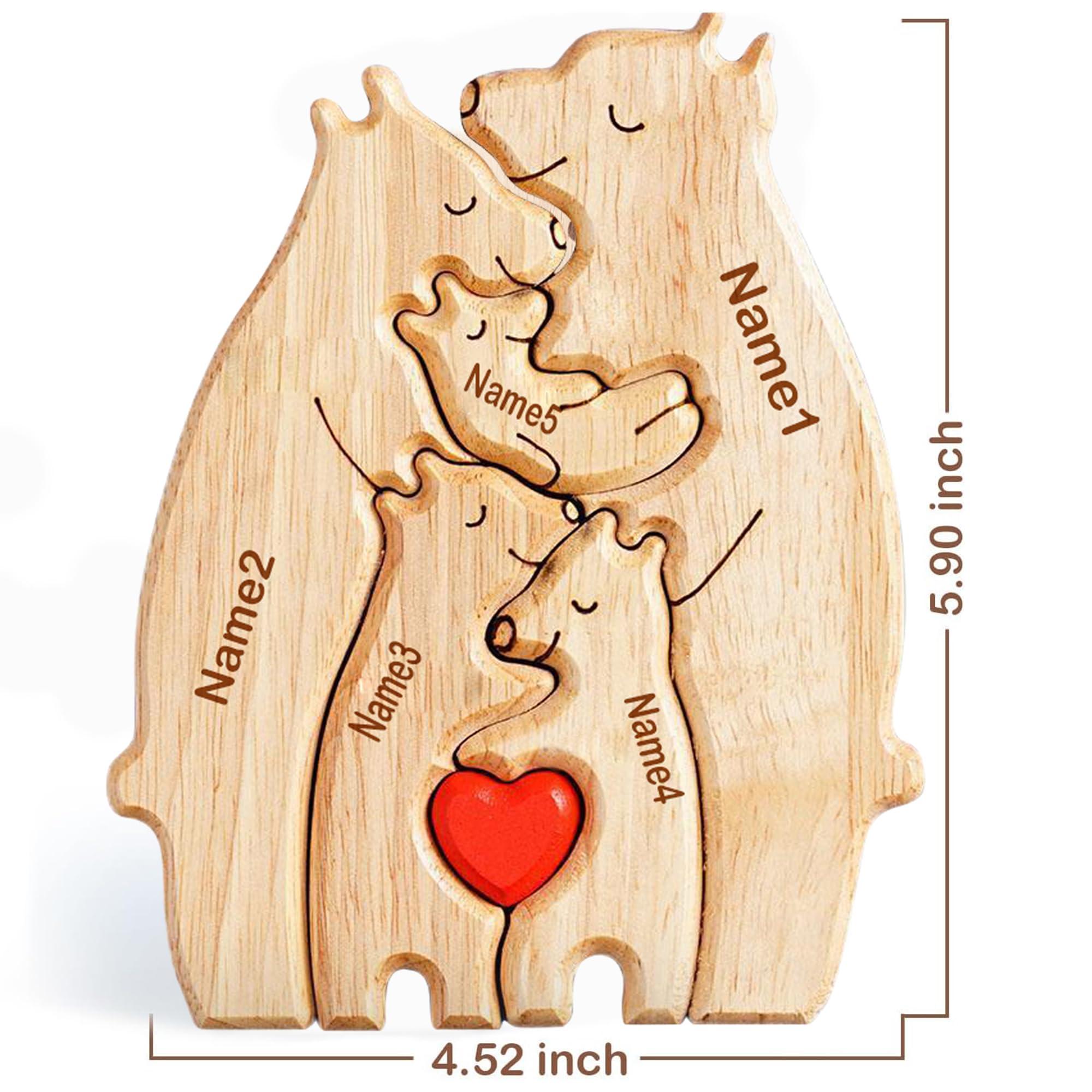 WHIMCHOIT Personalized Wooden Bear Puzzle with 3-5 Family Name Custom Family Name Sculpture Customized Family Name Sign Gifts Wooden Animal Family Puzzle for Home Decor and Anniversary Birthday Mom Dad Gifts
