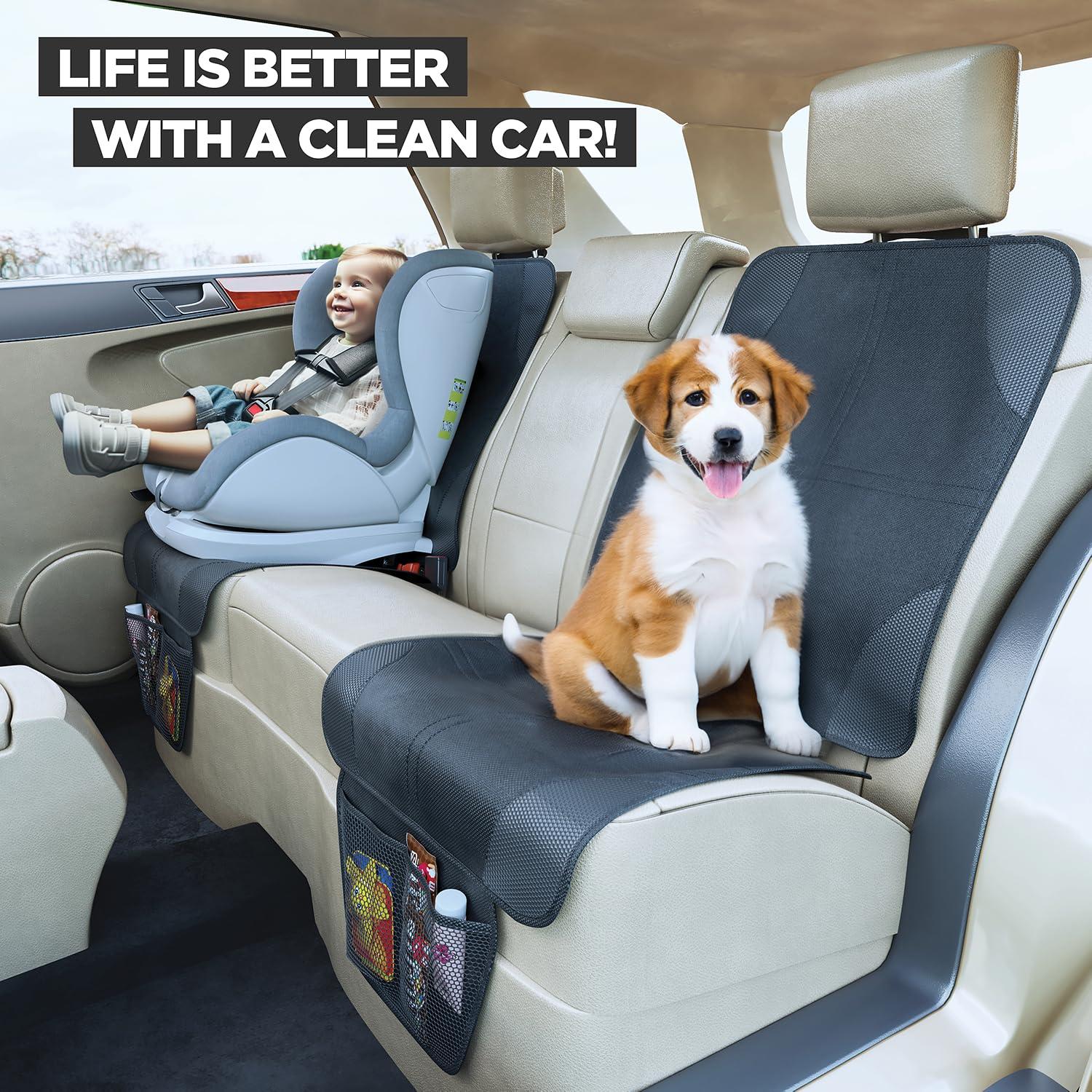 lebogner Car Seat Protector For Child Car Seat, Car Seat Protection For Baby Carseat, Non-Slip Seat Protector Under Baby Car Seat, Thick Padding Seat Cover For Car Seat With 2 Mesh Storage Pockets, 2 Pack