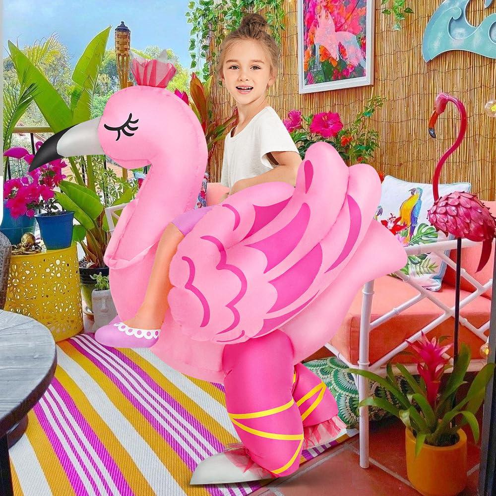 KOOY Kids Halloween Inflatable Costume, Ride On Flamingo Air Blow up Funny Inflatable Suit, Halloween Costumes for Girl/Child 7-10 Yrs