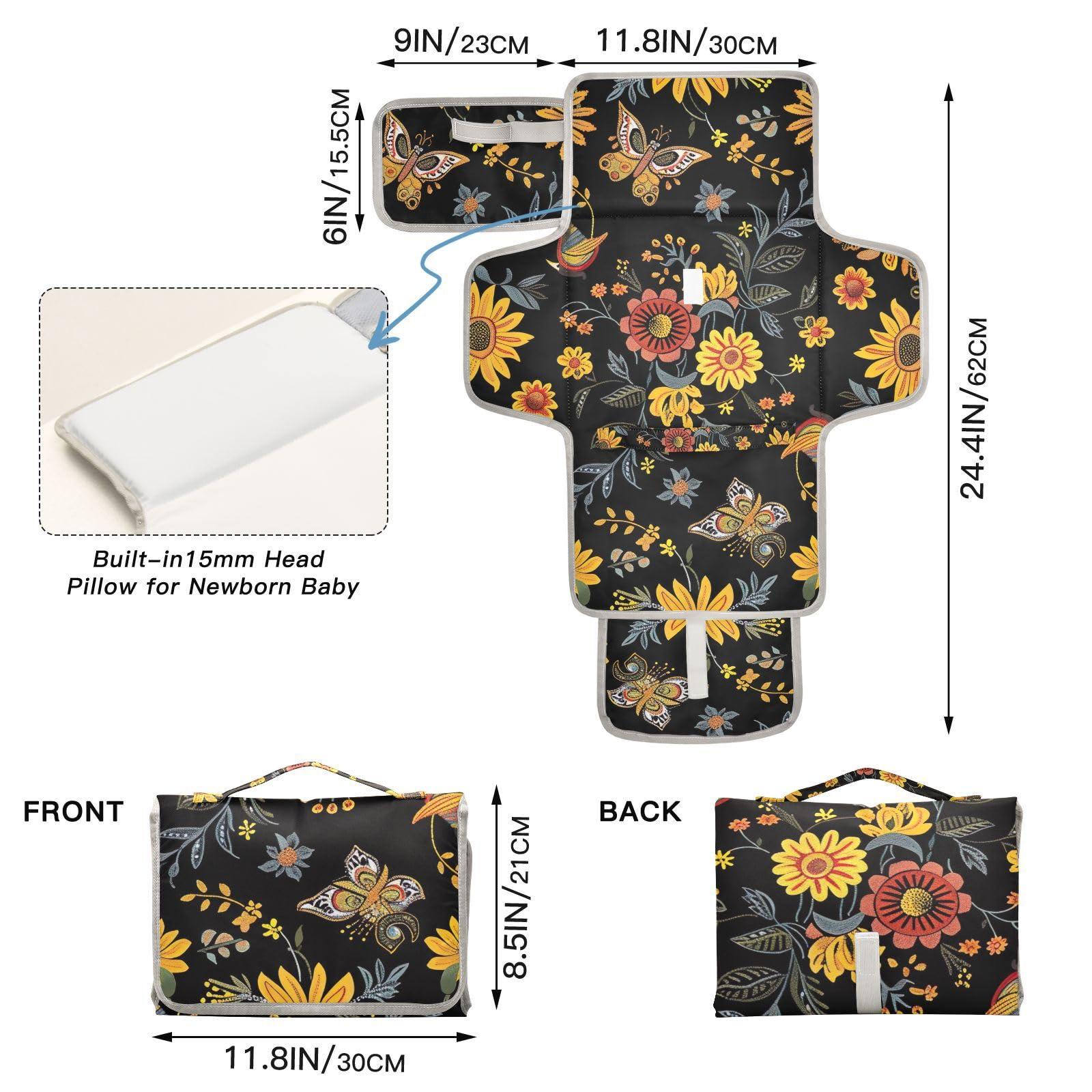 xigua Portable Changing Pad for Baby - Mexican Floral Pattern Waterproof Diaper Changing Mat Travel Changing Pad with Built-in Pillow - Shower Gift for Baby