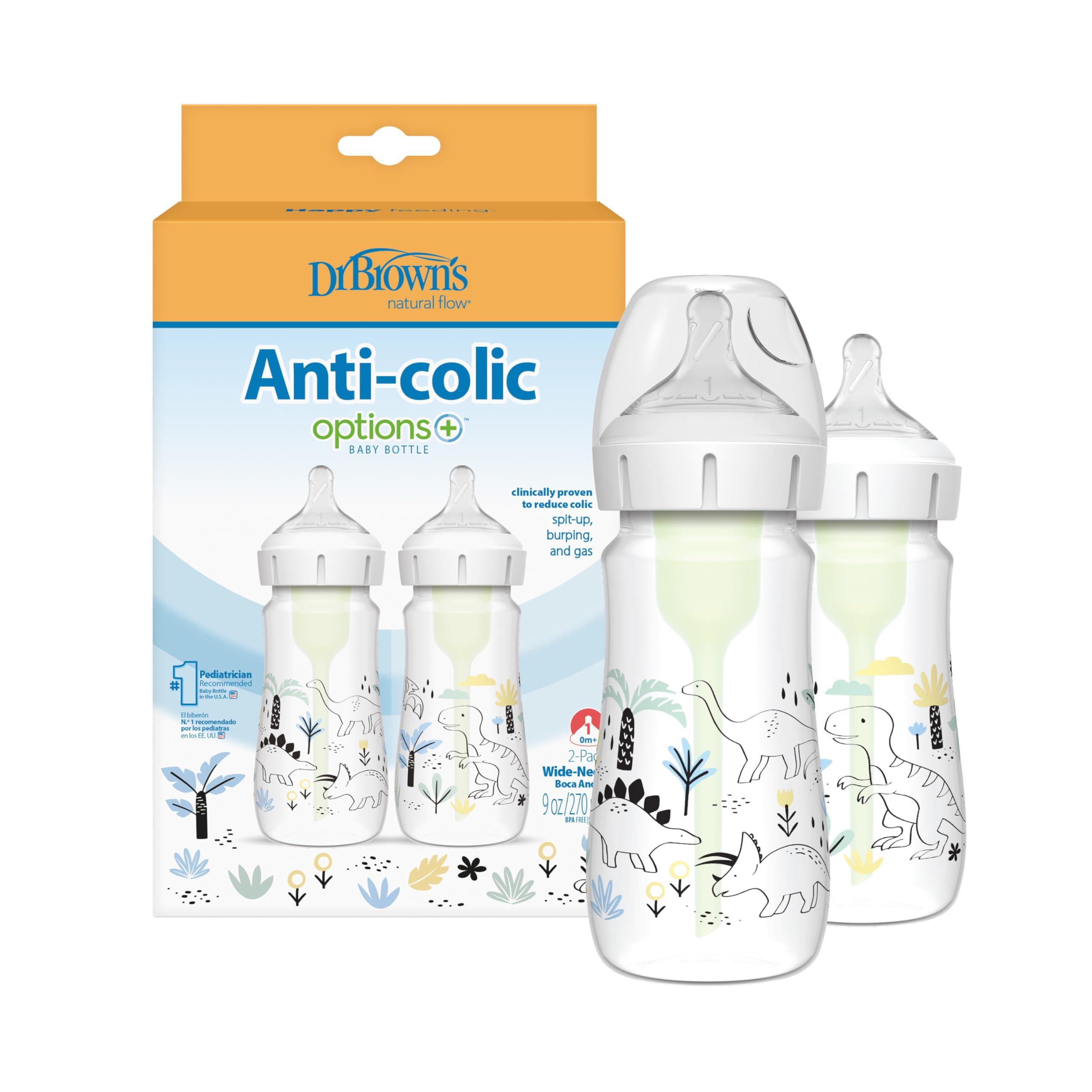Dr. Brown\'s Dr. Brown's Natural Flow Anti-Colic Options+ Wide-Neck Baby Bottle Designer Edition Bottles, Dino Decos, 9oz/270mL, Level 1 Nipple, 2-Pack, 0m+