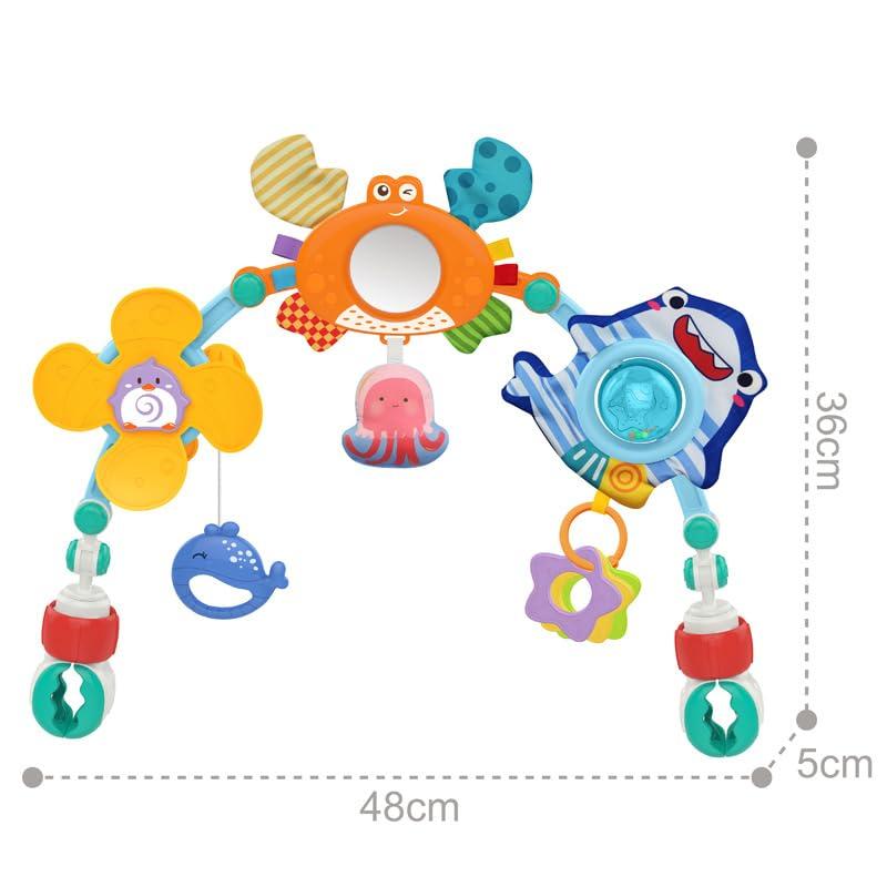 BARMACO Baby Stroller Arch Toy, Infant Car Seat Toys with Play Accessories, Newborn Foldable Activity Crib Toys, Sensory Travel Mobile Animal Bassinet Toys for Toddler Boys Girls, Adjustable Hanging Toys