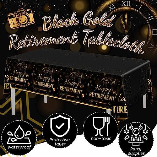 GREHUMOR GREHUMOR Happy Retirement Tablecloth 3Pcs-Retirement Party Decorations Black and Gold Tablecloth Plastic Rectangle Disposable Table Cover Rectangle Waterproof