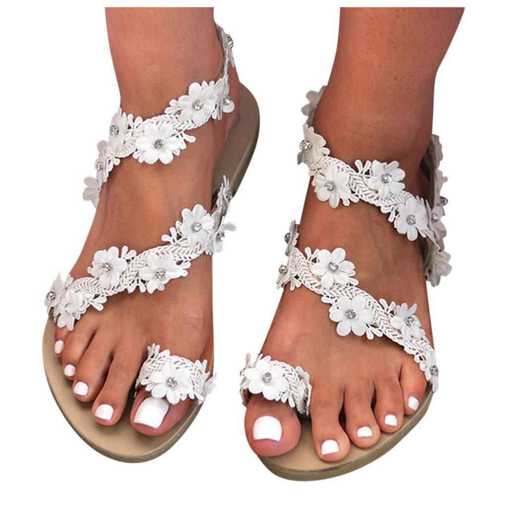 ZBYY ZBYY Flat Sandals for Women,Summer Women's Sandals Bohemian Flowers Flat Beach Shoes Ring Toe Flip Flop Sandals