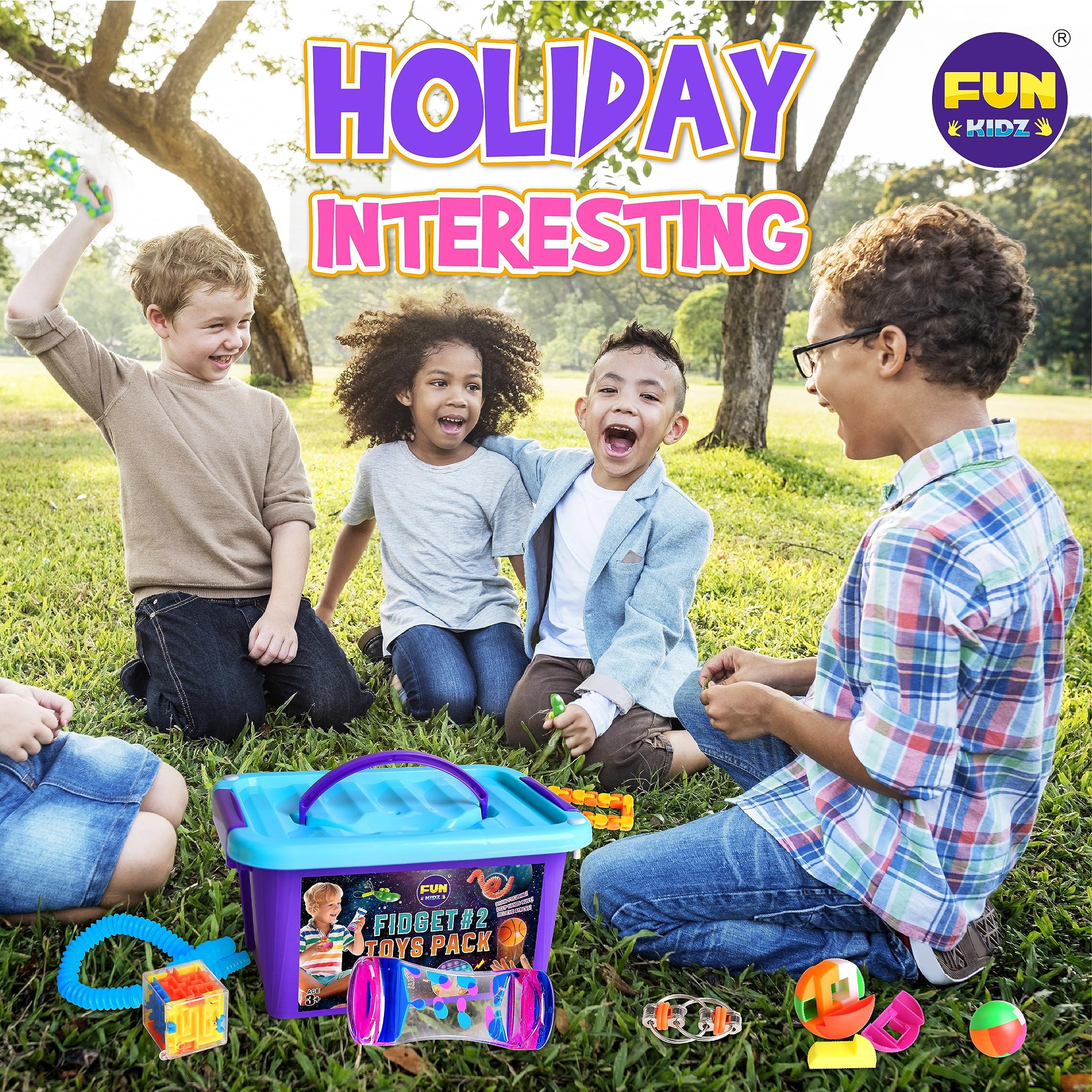 FUN KIDZ Fidget Pack Box for Boys Girls 4-12, FunKidz Fidget Toys for Kids 5-7 Autistic Sensory Mystery Birthday Gifts in Reusable Portable Treasure Box Nice Party Favors