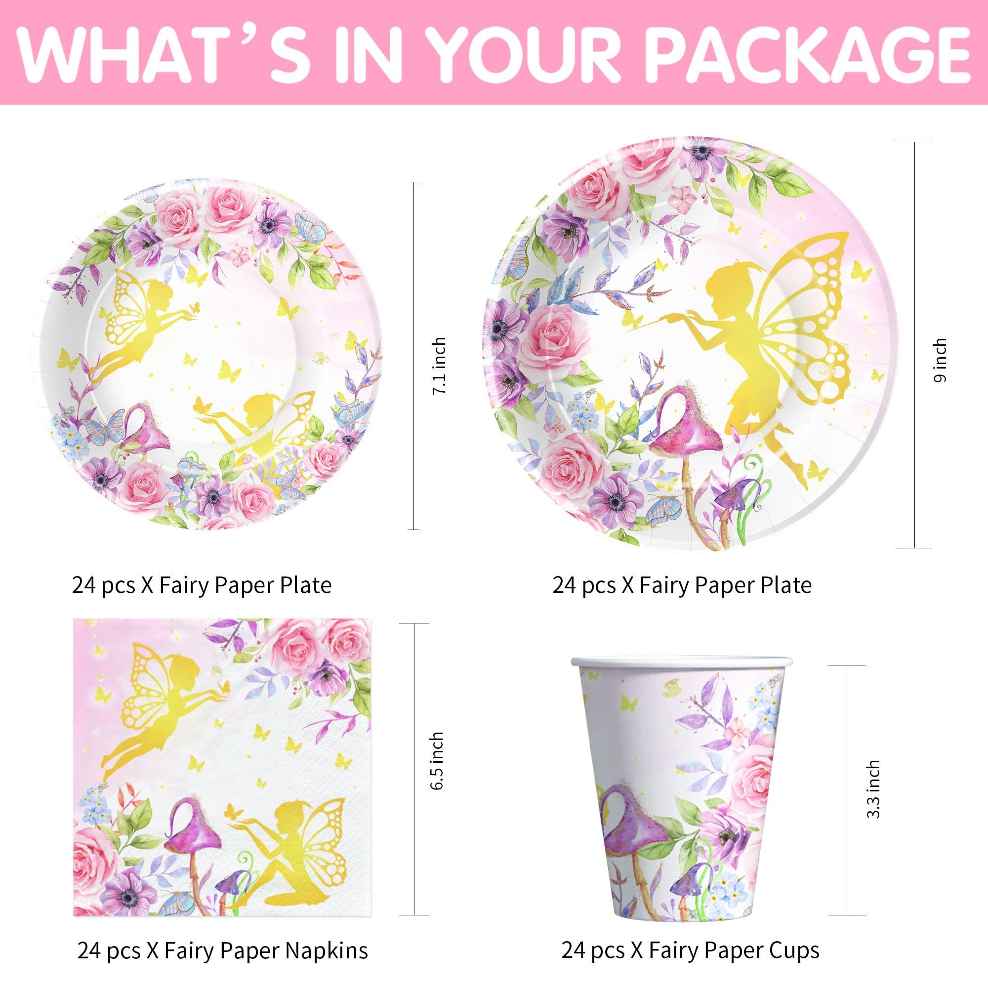 APOWBLS APOWBLS Fairy Birthday Party Supplies - Fairy Party Decorations, Plate, Cup, Napkin, Tablecloth, Cutlery, Floral Gold Fairy Theme Baby Shower Birthday Decorations Spring Tea Party Tableware | Serve 24
