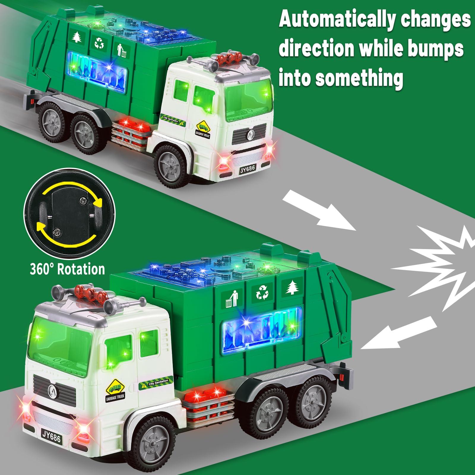 Ynanimery Toy Garbage Truck & Fire Truck & Construction Excavator Toys & Container Truck Toy Cars for Toddlers Boys 1-3 4-7 Birthday Gifts, Truck Car Toys with 4D Lights & Music- Automatic Bump Go Garbage Truck