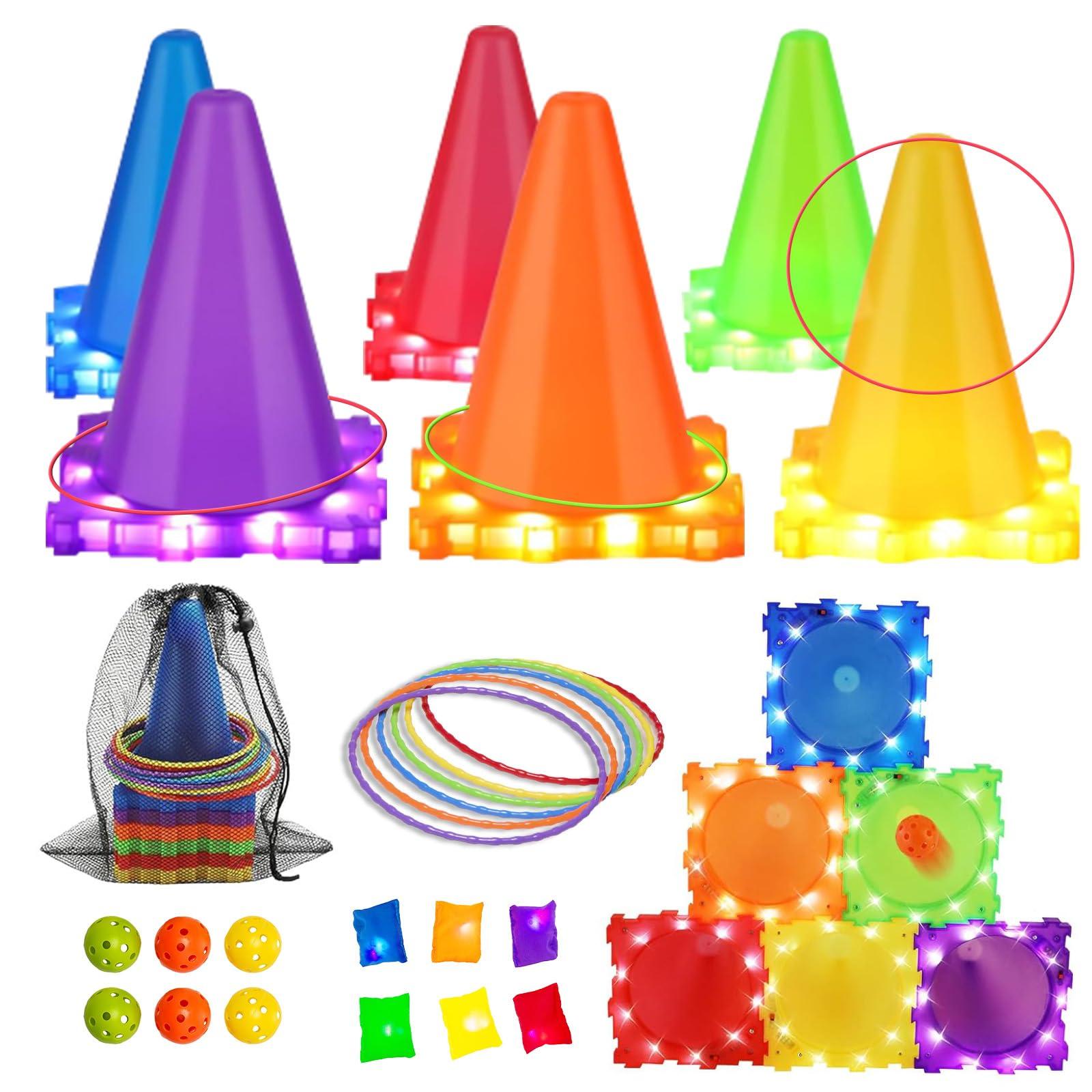 Whimtoyland 3-in-1 Carnival Games for Kids: Carnival Games with LED Lights 31 Pcs Outdoor Toys for Toddlers Ring Toss Game, Bean Bag Toss Game, Soft Plastic Cones, Yard Lawn Game for Family Party