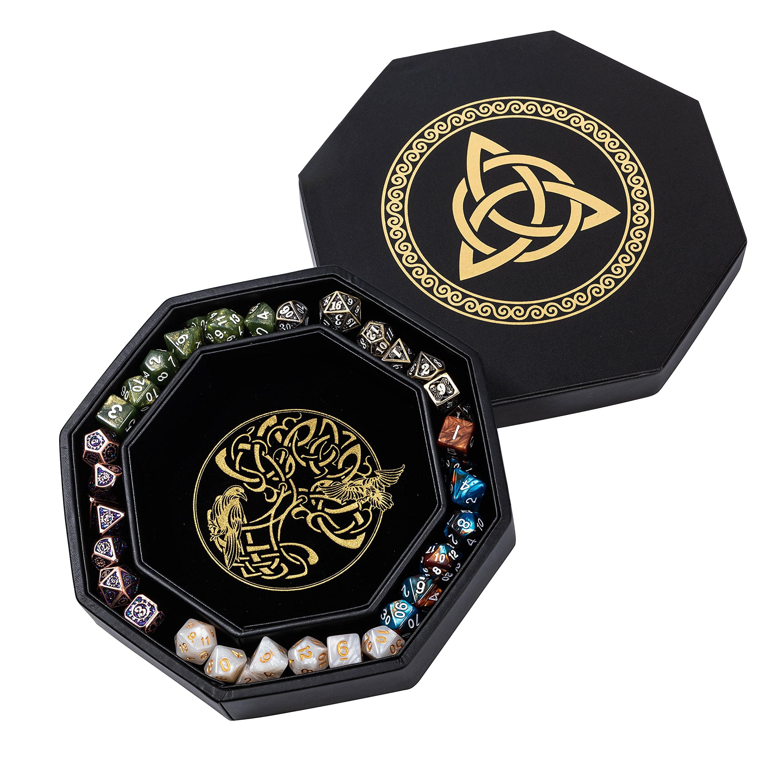 Soar Forge DND Dice Tray - Premium 8 Inch Tray Dungeons and Dragons - Exquisitely Detailed Gold World Tree & Triquetra Design - Perfect Rolling & Box Storage to Protect Your Dice for D&D and RPG
