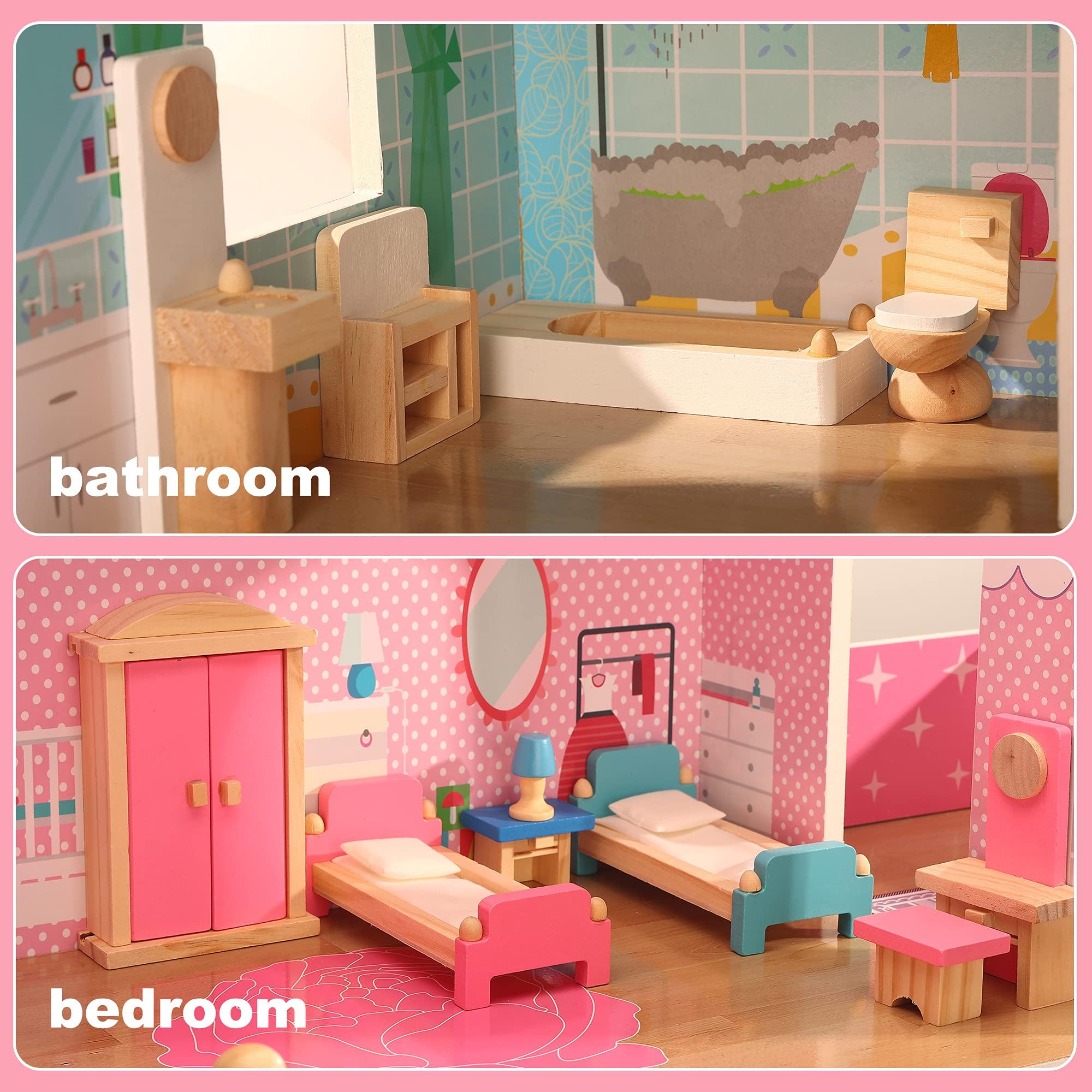 Giragaer Giragaer Wooden Dollhouse Furniture 5 Set, Wood Doll House Miniature Bathroom/ Living Room/ Dining Room/ Bedroom/ Kitchen House Furniture Doll Decoration Accessories Pretend Play Kids Toy Colorful…