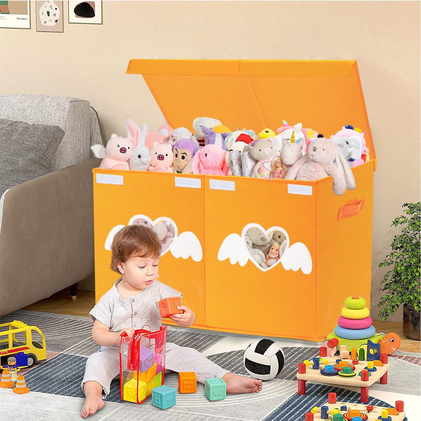 Xmasorme Large Toy Box Chest,Collapsible Sturdy Storage Bins with Lids,Large Kids Toy Storage Organizer Boxes Baskets for Kids,Boys,Girls,Toddler,Nursery Room,Playroom(Orange Heart)