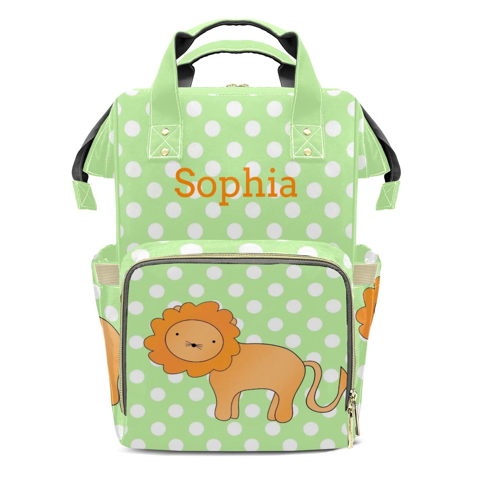 SunFancyCustom Lion Green Polka Dots Diaper Bag Backpack Tote Custom with Name Multifunction Waterproof Travel Back Pack Diaper Bag Gifts Backpack for Men Women