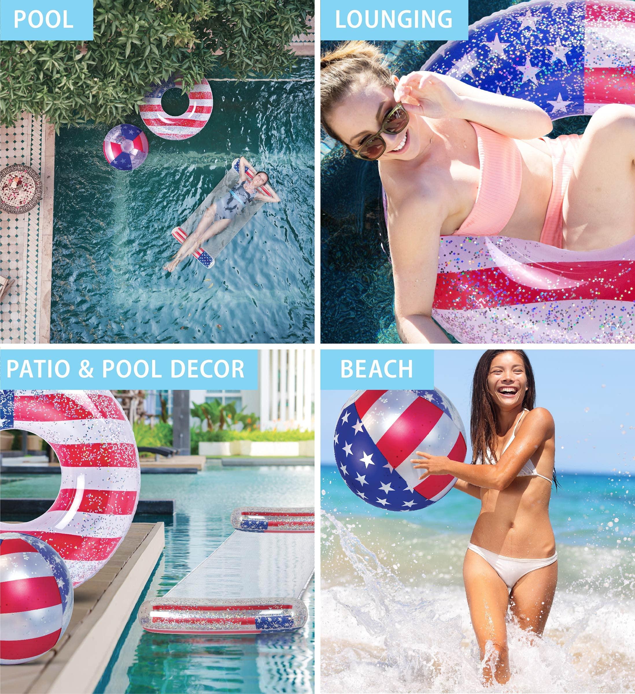 POZA POZA Inflatable USA Pool Floats - Luxurious Swim Floats Filled with Sparkling Silver Confetti Stars, Adults and Kids Swimming Pool Floats, Cool American Flag Floats for Pool, Beach, and Lake - 3 Packs