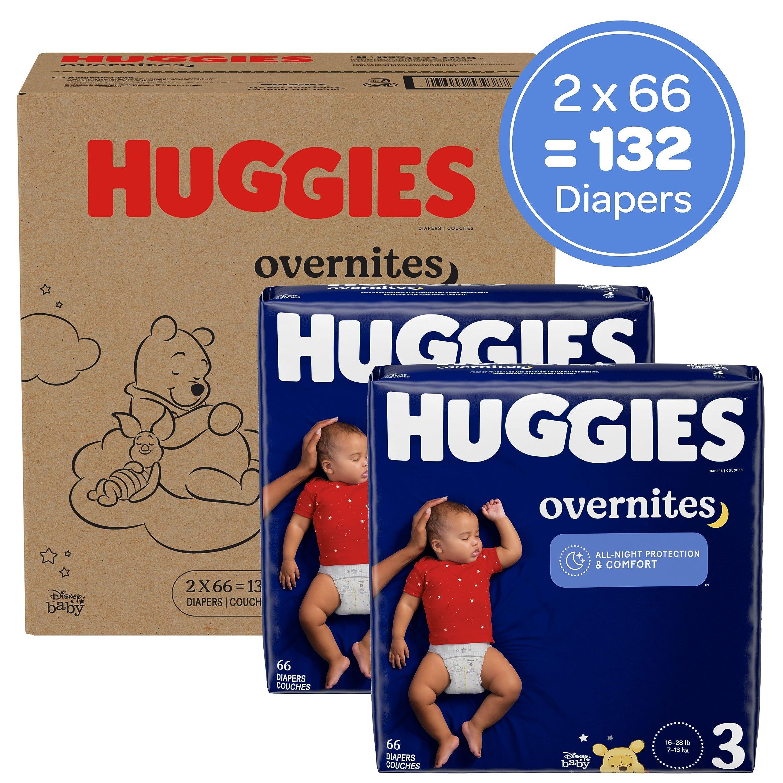 HUGGIES Huggies Size 3 Overnites Baby Diapers: Overnight Diapers, Size 3 (16-28 lbs), 132 Ct (2 Packs of 66)