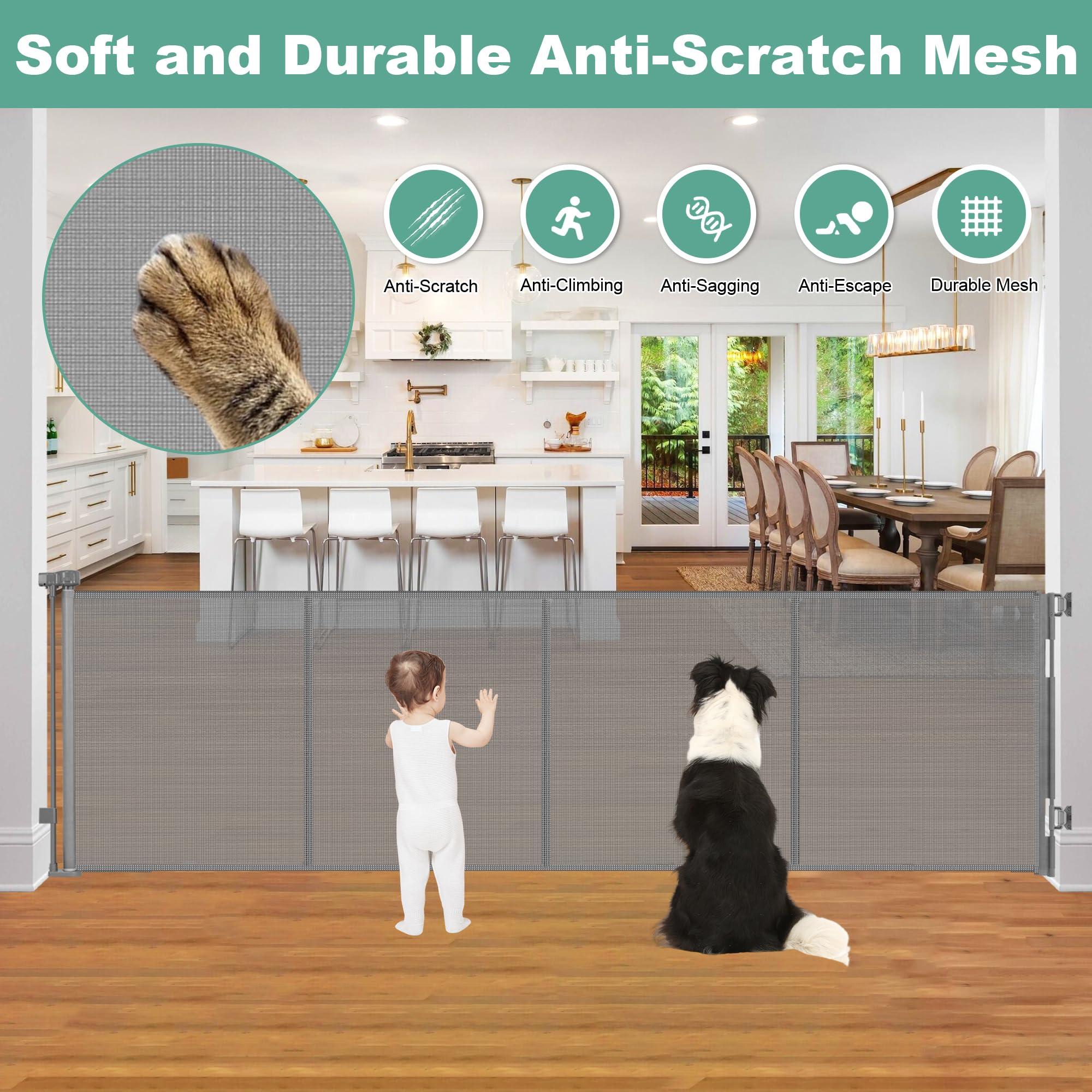 Stcockis Reinforced 195 Inch Extra Wide Baby Gate Retractable Dog Fence with Support Rods Prevent Crawling Under, 16 Foot Retractable Baby Gates Retractable Dog Gate Outdoor/Indoor Extra Long Baby Gate, Gray