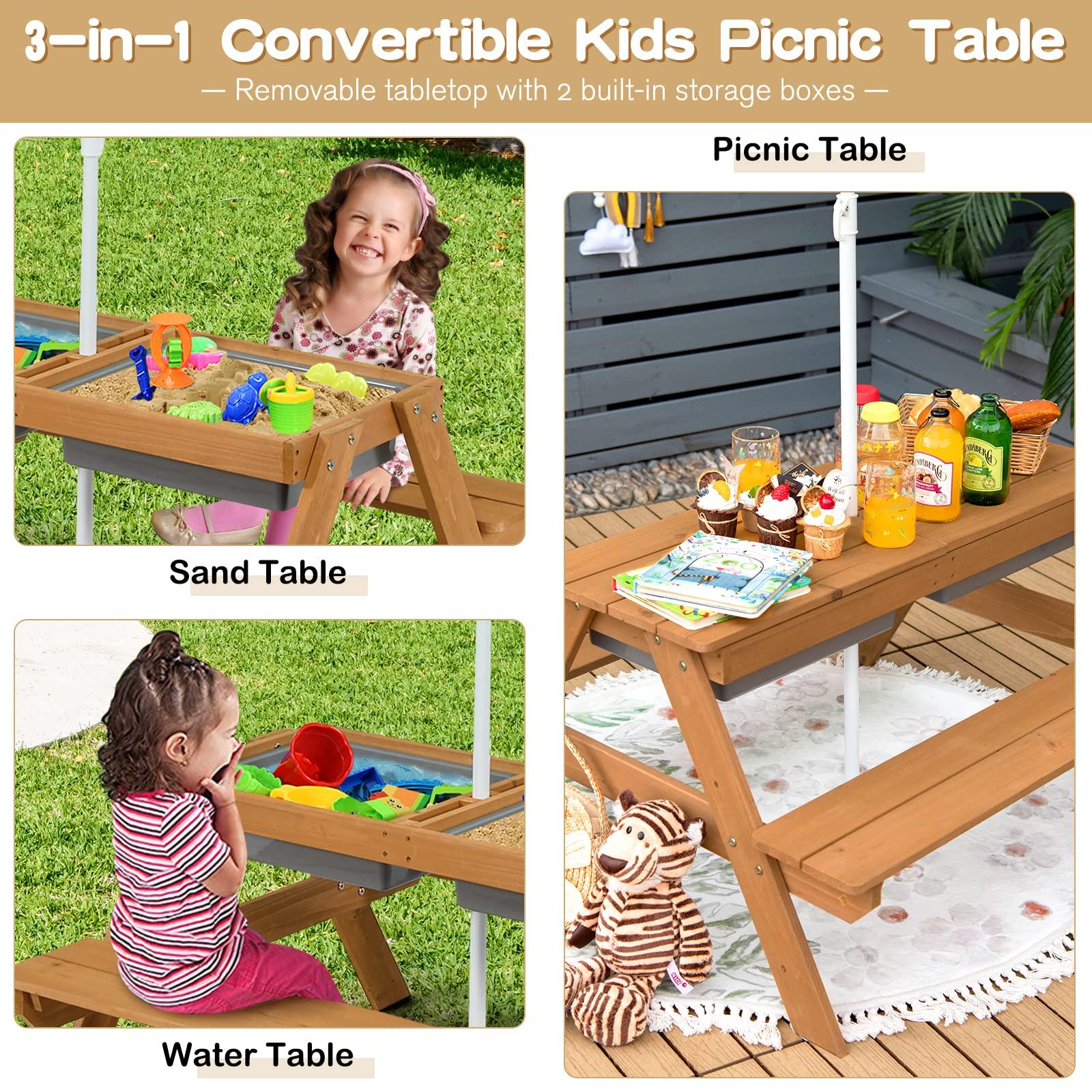 Costzon Costzon Kids Picnic Table, 3 in 1 Sand & Water Table w/Height Adjustable Umbrella, Removable Tabletop, Children Outdoor Toy Playset w/2 Play Boxes, Wooden Convertible Activity Play Table