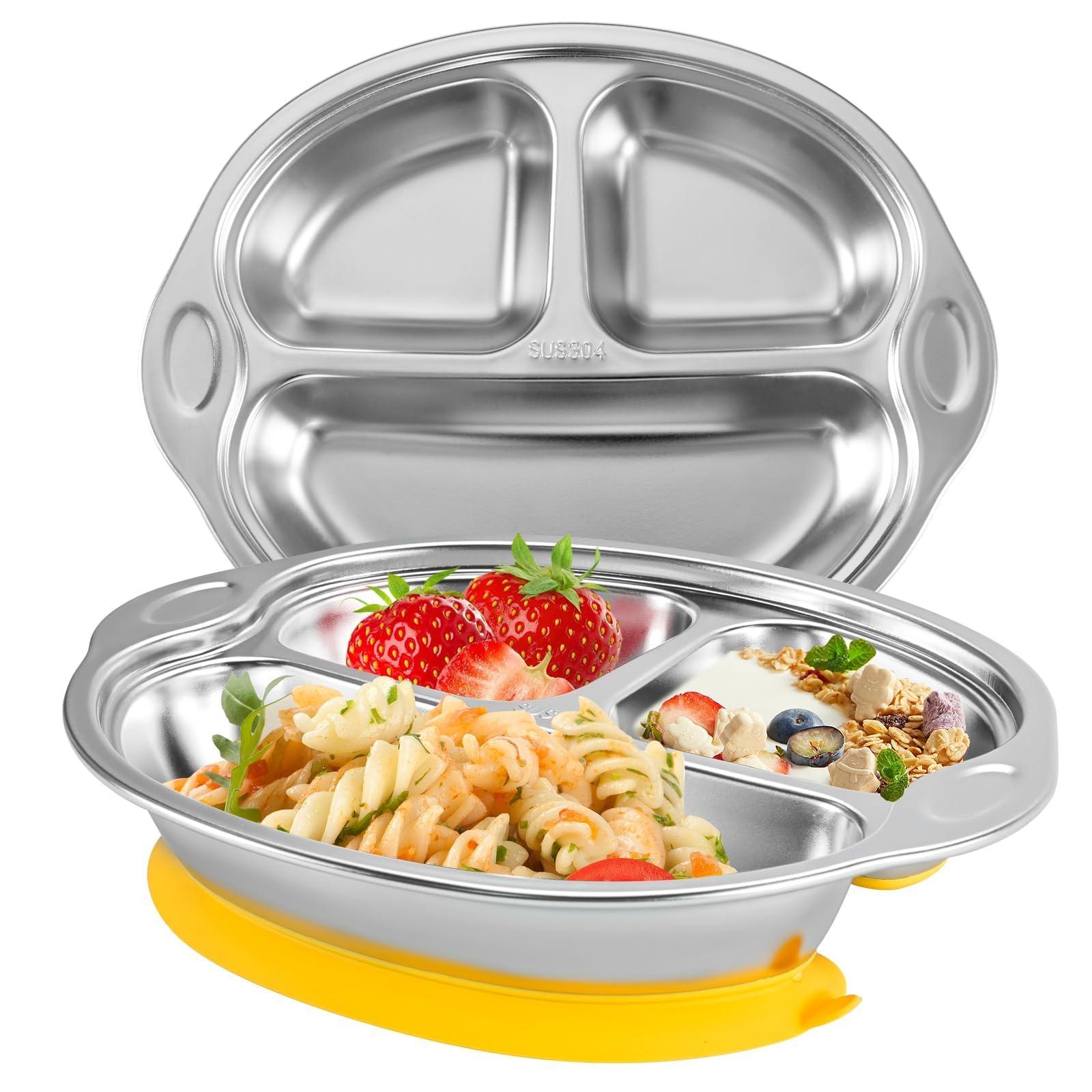 Mrs. Chou Stainless Steel Baby Suction Plates: Divided Plates Designed for Babies and Toddlers, Made of 100% Food-Grade Materials Ideal for Baby-Led Weaning BPA-Free Toddler Feeding Dishwasher Safe Yellow