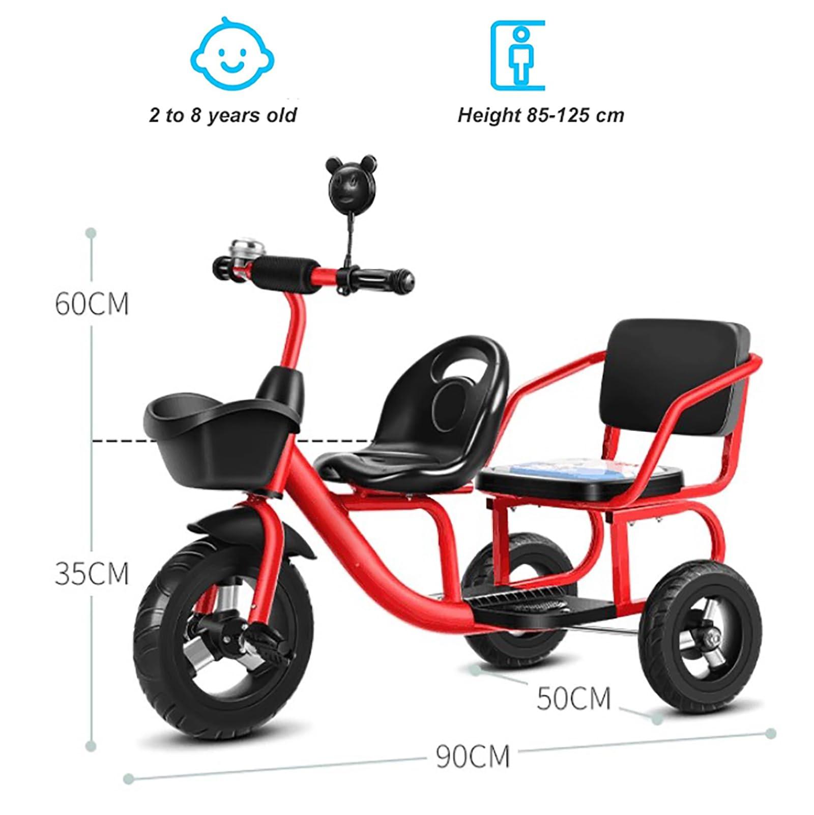 JIYIAN Twin Stroller Trike for Kids,Tricycle Stroller,Two-Seater Pedal Bicycle with Spacious Rear Adjustable Seat/Removable Rear Push Handle/Enlarged Pedals,Red,Style 4