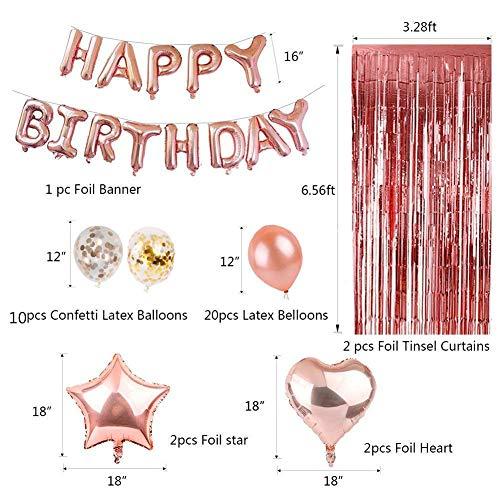 Geenber 49Pcs Rose Gold Party Decorations Set Including 20Pcs Rose Gold Latex Balloons,10Pcs Confetti Balloons,13Pcs Happy Birthday Banner Party Decor Kit, 4pcs Foil Balloons and 2Pcs Metallic Foil Curtains