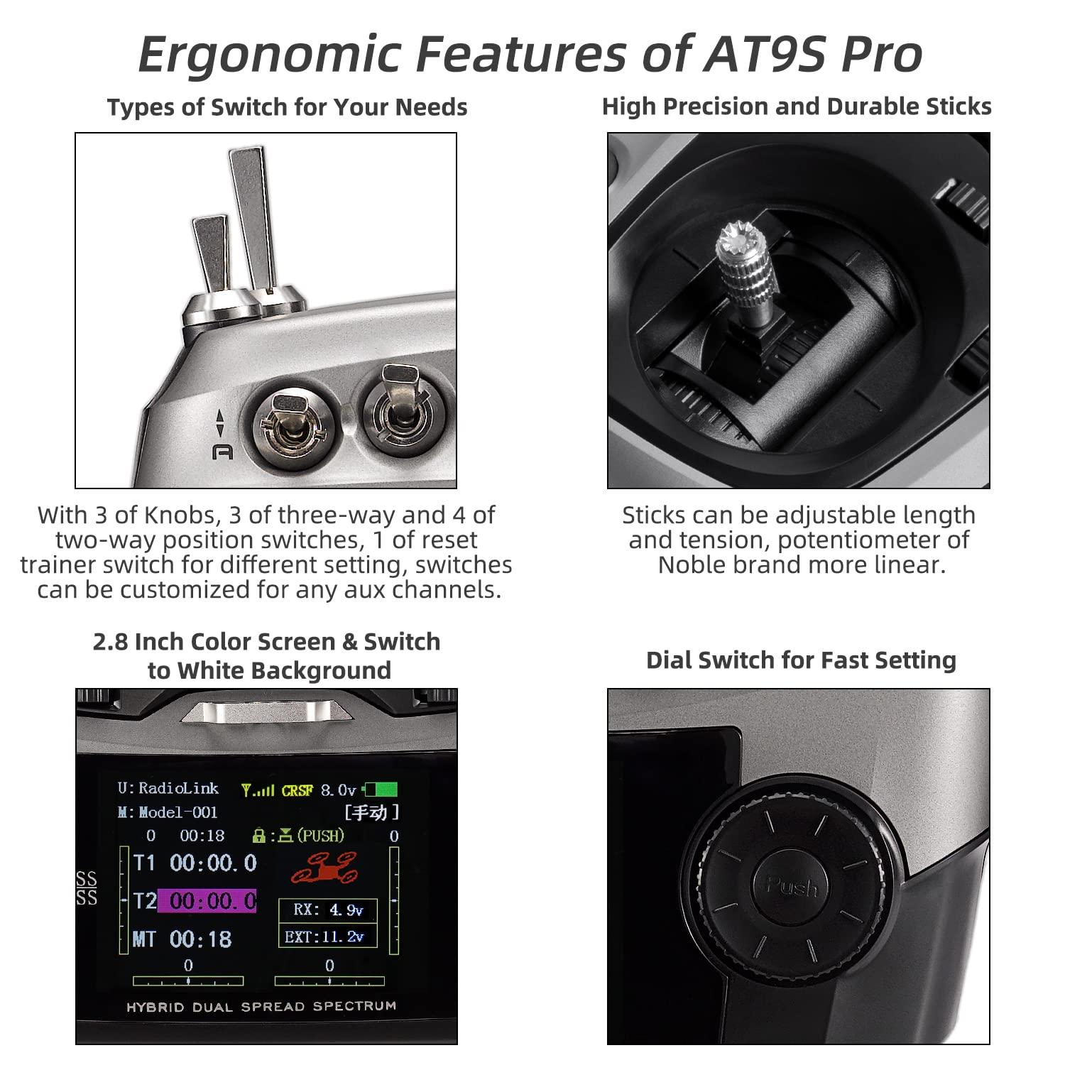 Radiolink Radiolink AT9S Pro 10/12 Channels Radio Transmitter and Receiver R9DS, Long Range for Airplane/Jet/FPV Racing Drone/Quad/RC Truck Car/Boat and More (Mode 2 Left Hand)