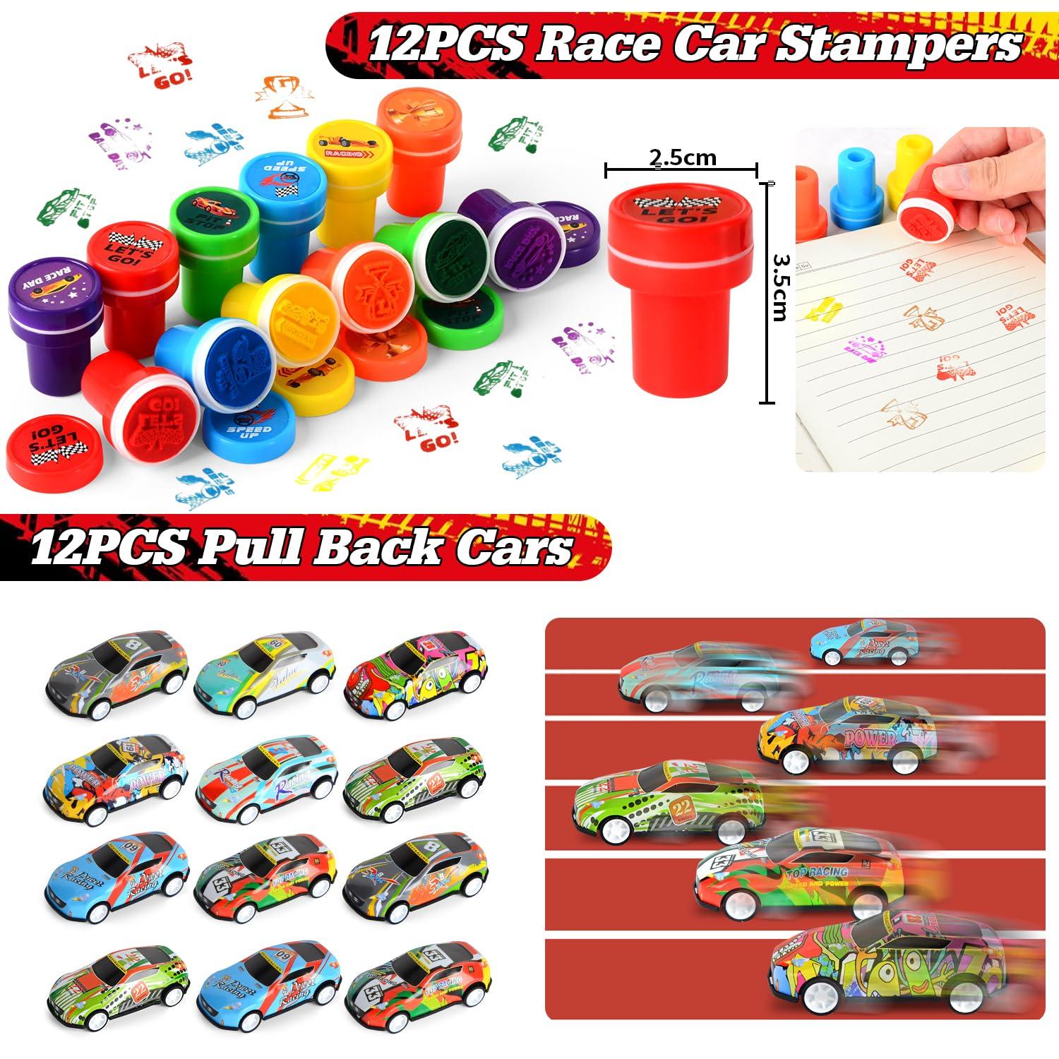 KISPATTI 122 PCS Race Car Party Favors, Racing Birthday Party Favors with Pull Back Cars Drawstring Bags Slap Bracelet Keychain Stamper Tattoo Stickers, Racecar Theme Party Supplies Goodie Bag for Boys Kids