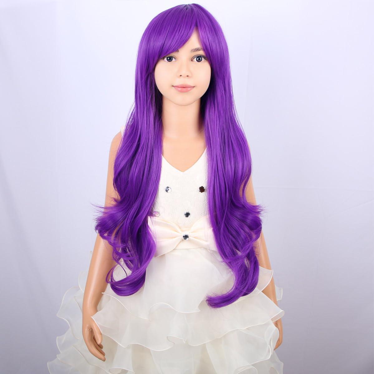 PATTNIUM PATTNIUM Kids Purple Wig Long Wavy Purple Wig with Bangs for Child Girls Dark Purle Synthetic Wig with Wig Cap