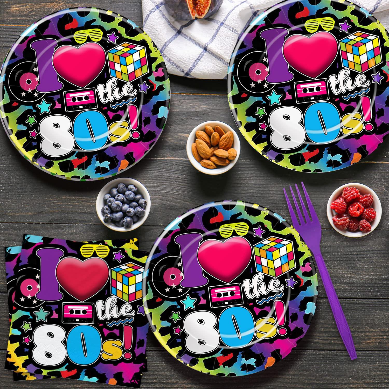 HIPVVILD HIPVVILD 80\'s Party Decorations Tableware - 80\'s Theme Party Supplies, 80s Decorations Dinnerware, Paper Plates, Napkins, Tablecloth, Forks, 80s Birthday Party Decorations and Supplies | Serve 24