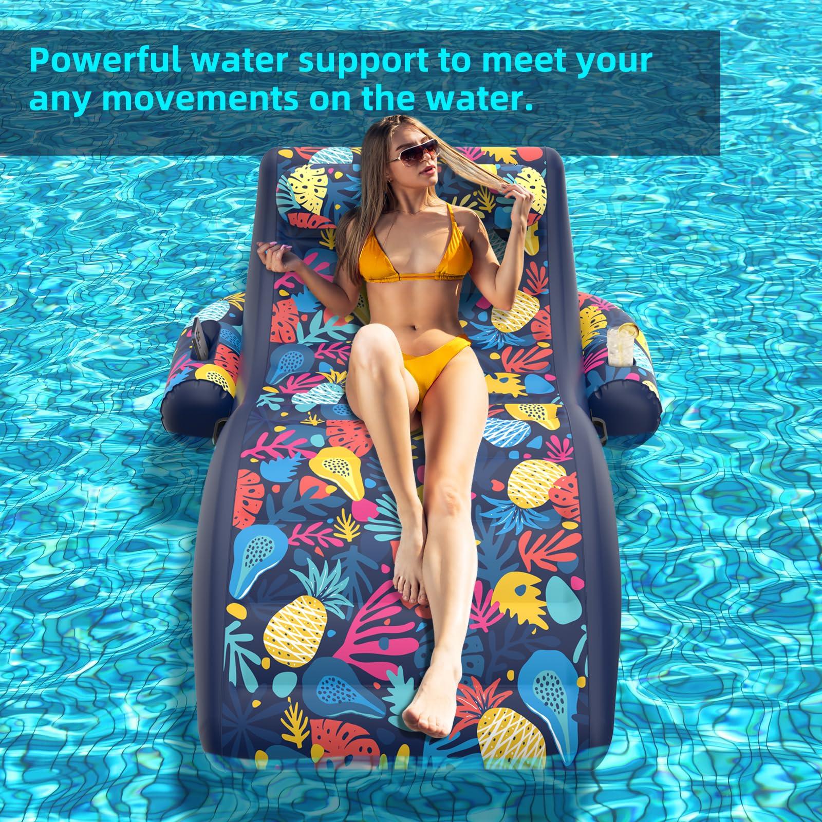 Sunikko X Sunikko X 2-in-1 Pool Floats, Inflatable Pool Floats Adult Lounge Chair with Cup Holder Tanning Pool Float, Heavy Duty Water Float Raft for Pool Floating with Pillow, Hawaii Style