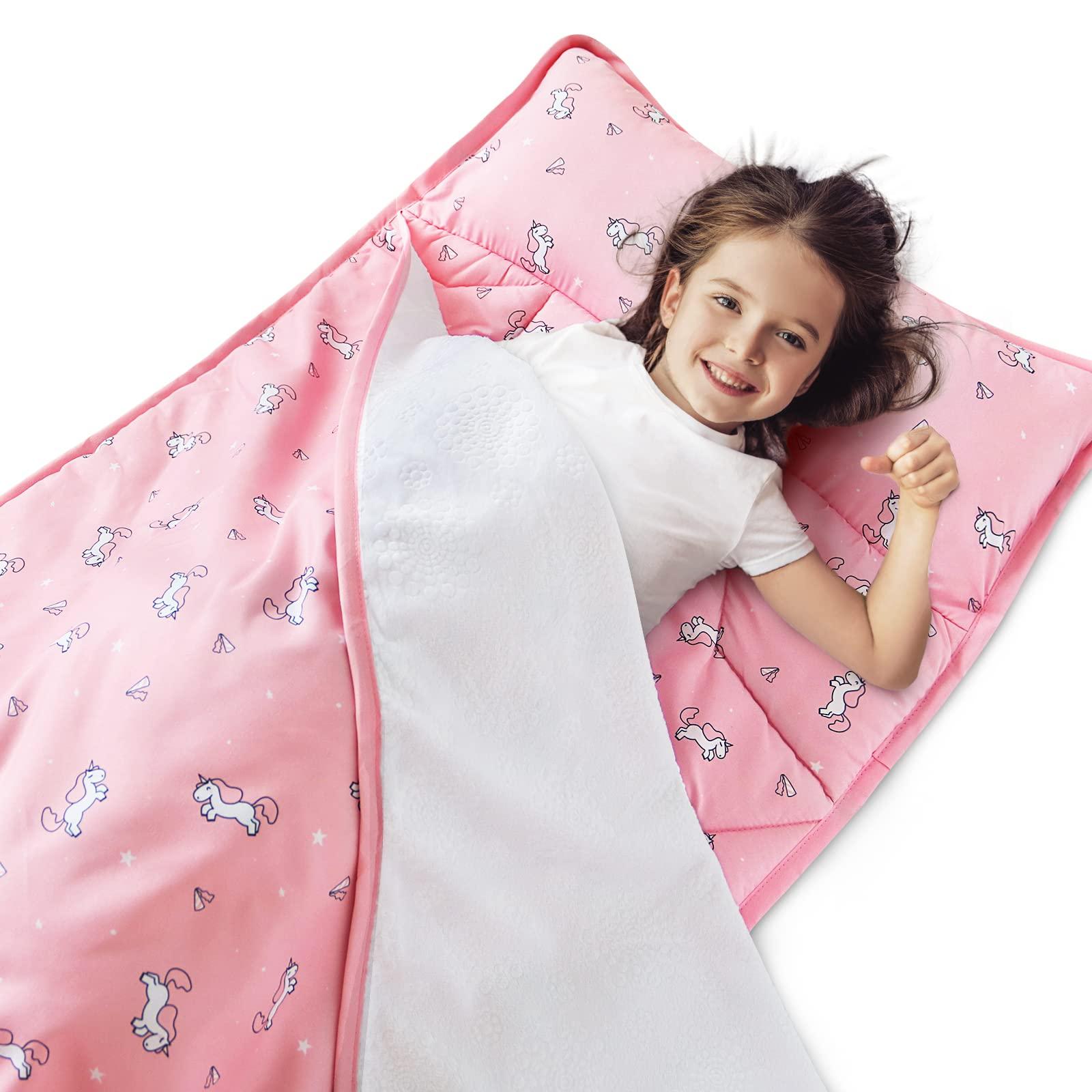 SPRINGSPIRIT 2 Pack Toddler Nap Mat with Pillow and Blanket 50" x 21" x 1.5", Nap Mat for Boys Girls Super Soft and Cozy, Kids Sleeping Bag for Preschool, Daycare, Toddler Sleeping Bag, Pink Horse/Pink