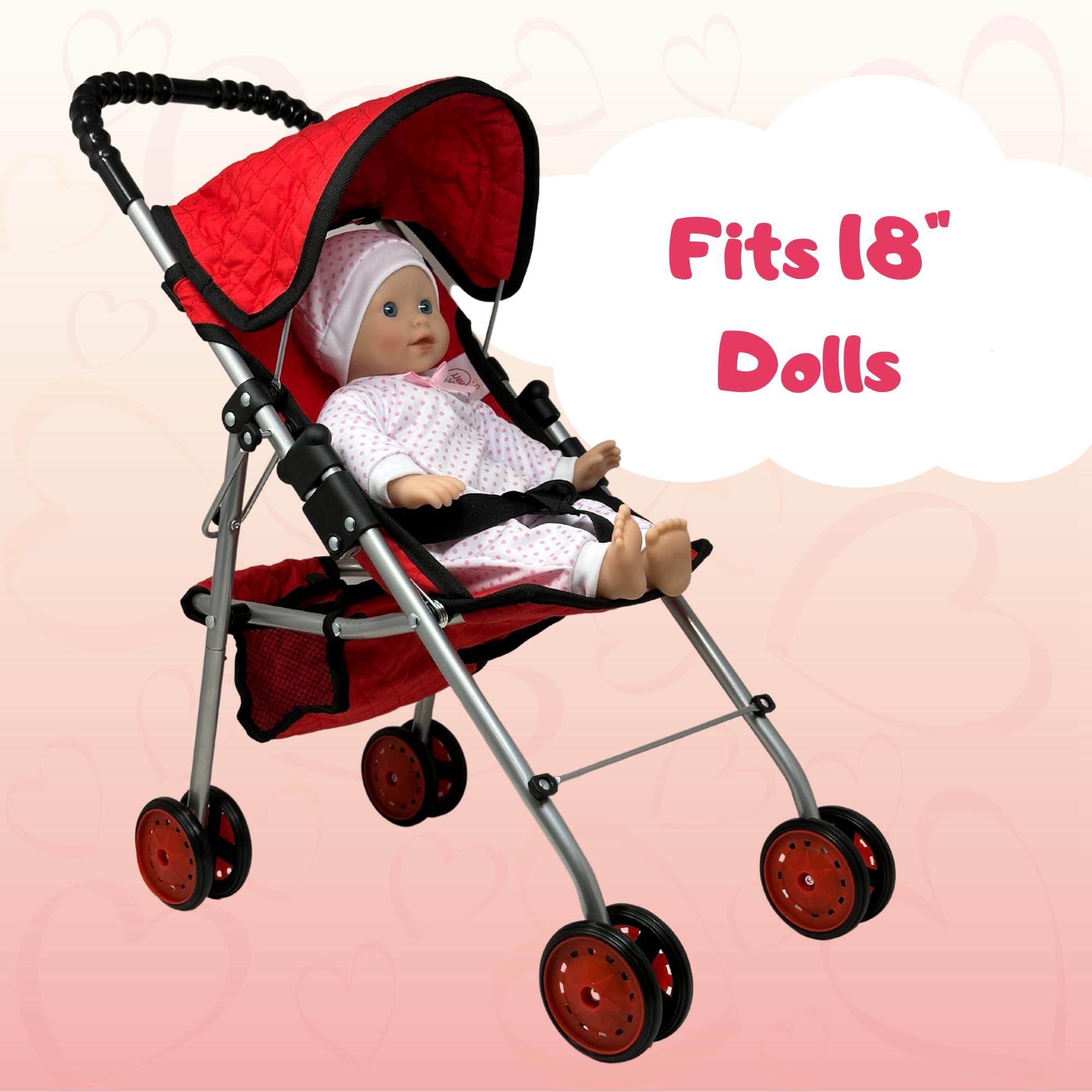 The New York Doll Collection My First Baby Doll Stroller for Toddlers 3 Year Old Girls, Little Kids | Folding Baby Stroller for Dolls, Toy Stroller for Baby Dolls with Bottom Storage Basket, Foldable Frame, Canopy, Seatbelt