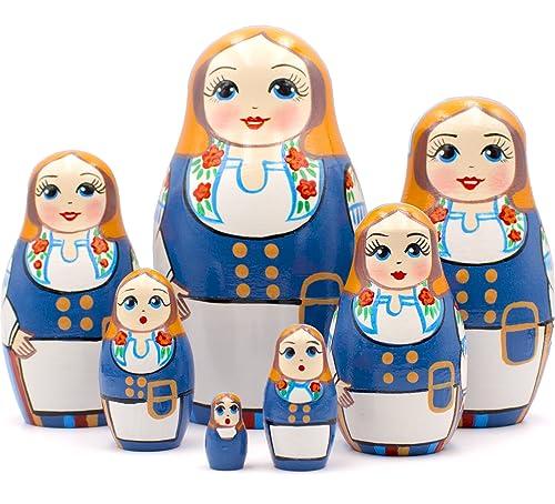 AEVVV AEVVV Russian Matryoshka Dolls Set of 7 pcs - Nesting Dolls in Finnish Folk Costume Munsala - Hand Painted Baboushka Nesting Dolls in Scandinavian Dress