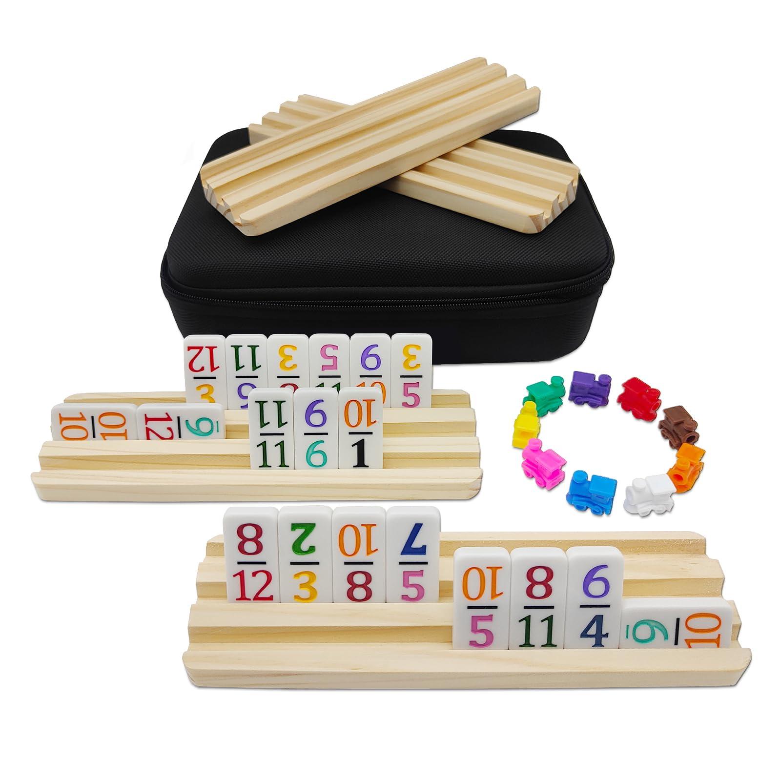 uvcany uvcany Travel Edition - Mexican Train Dominoes Set with Numbers and 4 Wooden Racks, 91 Tiles Travel Double 12 Dominos Game Set with Portable Case for Families Kids