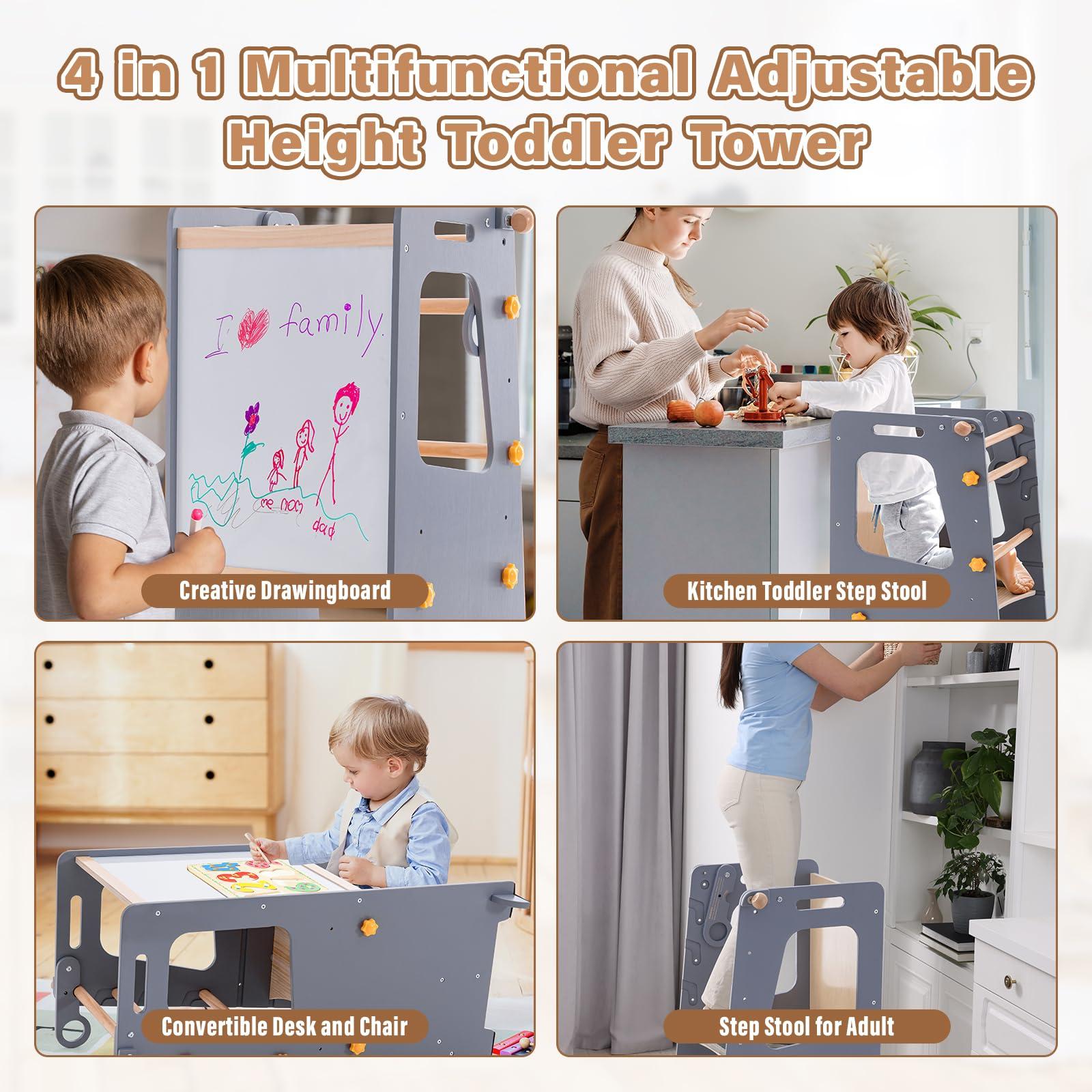 Aokkto Aokkto 4 in 1 Toddler Kitchen Tower, Kids Kitchen Stool Helper, Standing Tower with Convertible Table and Chair, Toddler Step Stool with Adjustable-Height,Whiteboard and Safety Rail for Kitchen, Gray