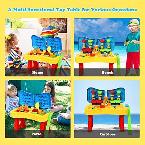 Costzon Costzon Kids Sand and Water Table, 2 in 1 Beach Play Activity Table with Cover, 27.5” x 14” x 28.5” Splash Water Table for Toddlers w/ 31 Pcs Accessories, Outdoor Indoor Beach Toy Set for Age 3+