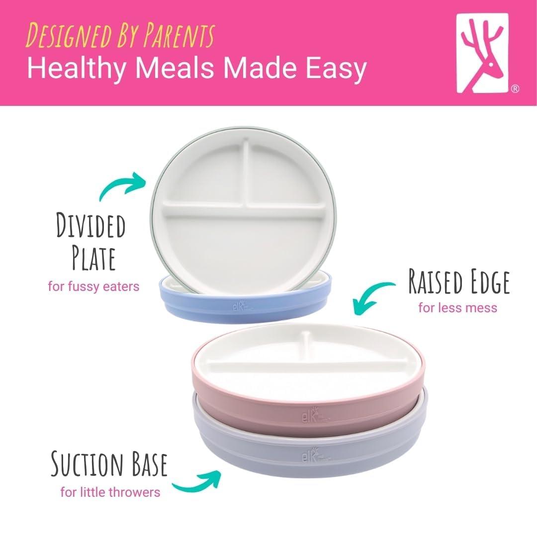 Elk and Friends Elk and Friends Kids 7.8 Porcelain White Plates with Silicone Suction Sleeves Sleeves | Divided Plates | Suitable for Babie/Kids/Toddlers | Microwave & Dishwasher Safe | Non Slip | Snack Dishes