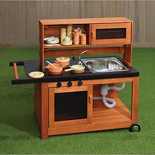 Excellerations Excellerations Indoor-Outdoor Moveable Play Kitchen with Hutch, Sink, and Working Pump Faucet for Preschoolers, Outdoor Learning, Dramatic Play, Cooking Pretend Play