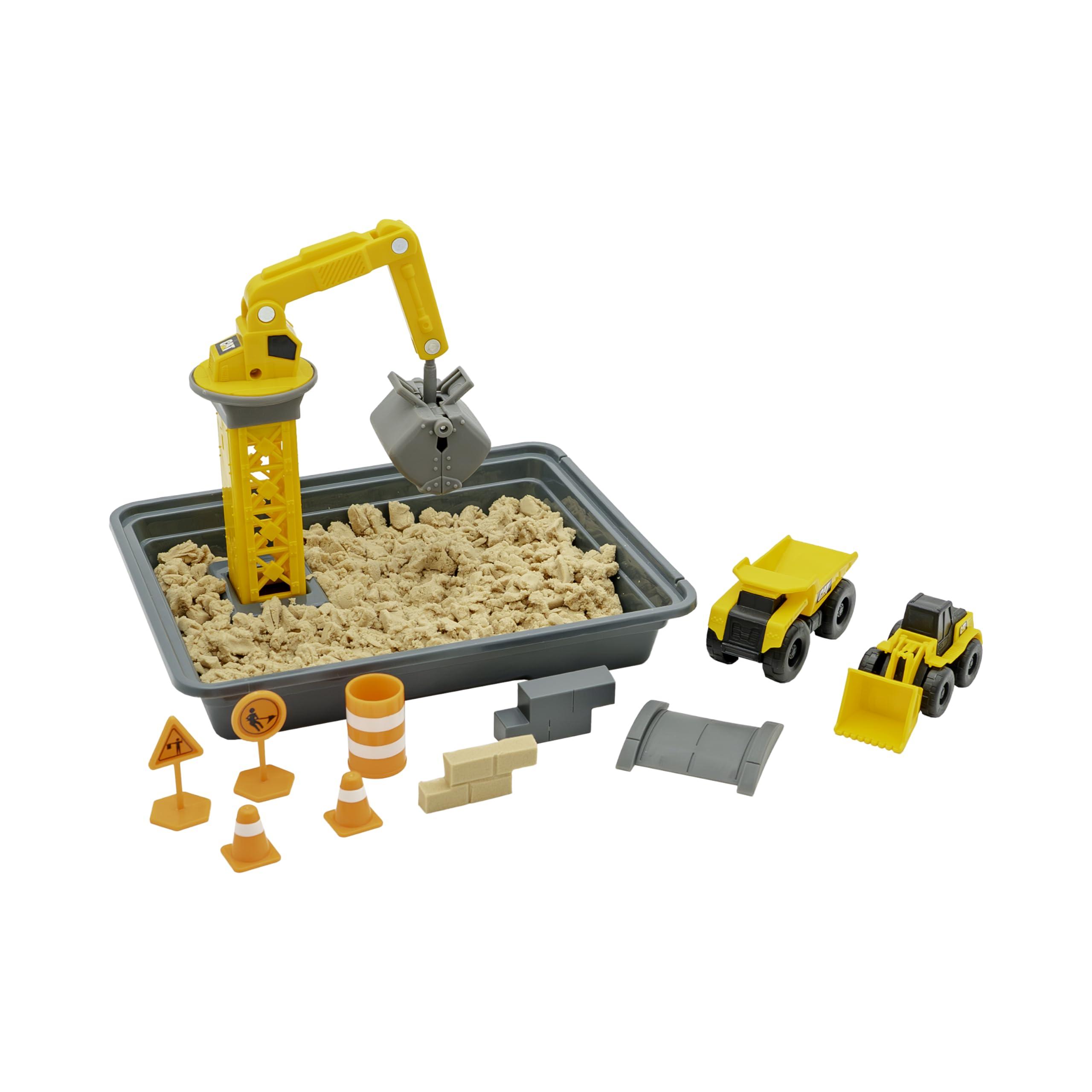 CAT CAT Construction Toys, Dig N\' Build Dirt Playset with 12 OZ of Compound - Includes 2 Little Machine Vehicles, Crane, and Storage Container.