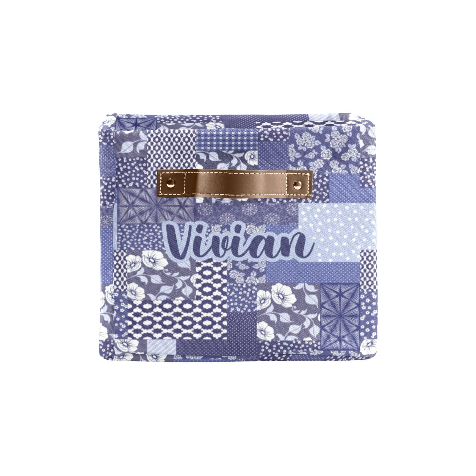 Deven Deven Blue Flower Vintage Quilt Personalized Large Storage Baskets for Organizing Shelves with Handle,Closet Decorative Storage Bins for Bathroom,Nursery,Home 4 Pack