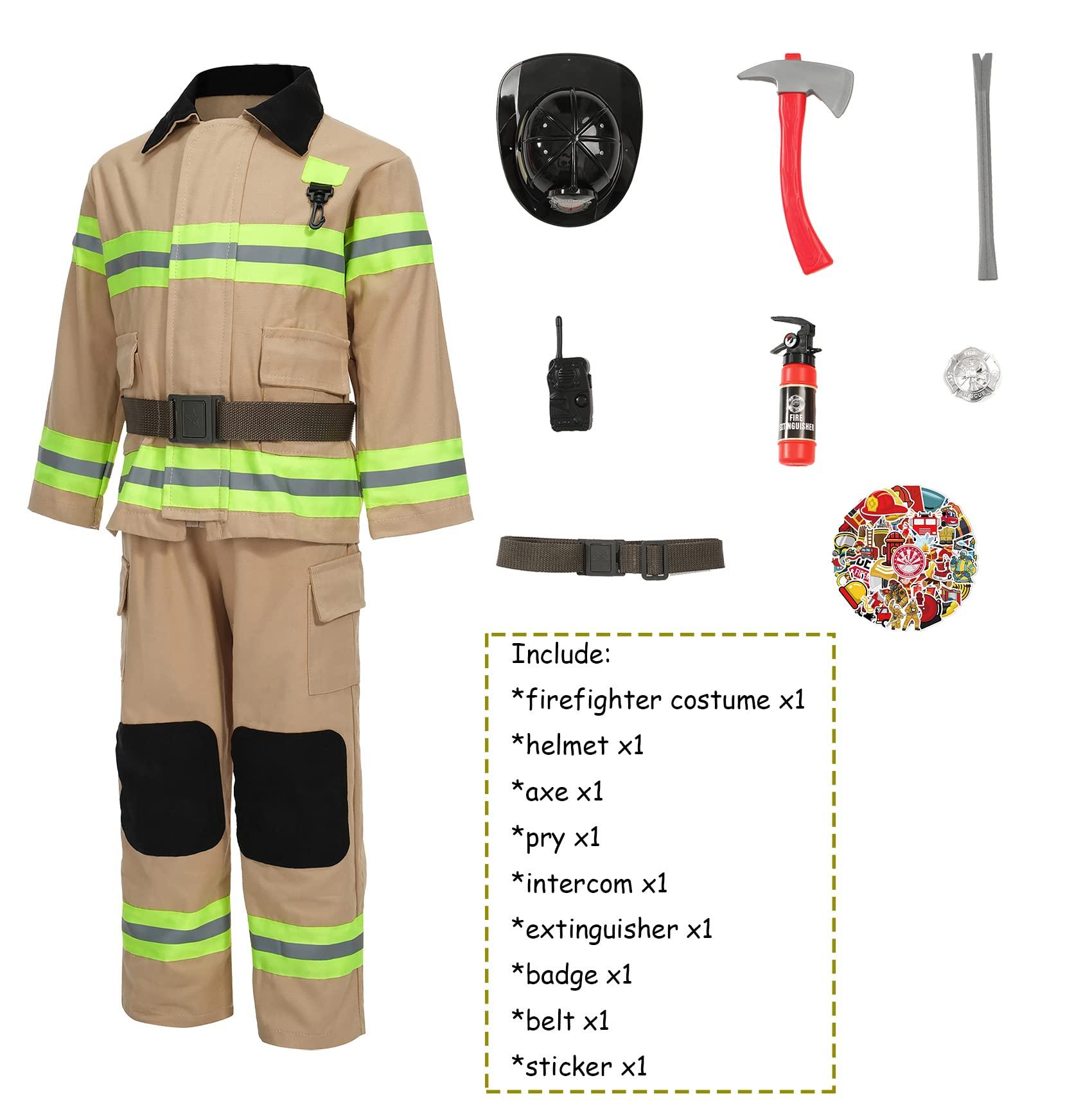 Kosgraiy Kosgraiy Firefighter Costume for Kids,Tan Fireman Costume for Boy and Girl,Kds Fire Chief Costume Outfit,Halloween,9pcs,Size S for Children 3-4Years
