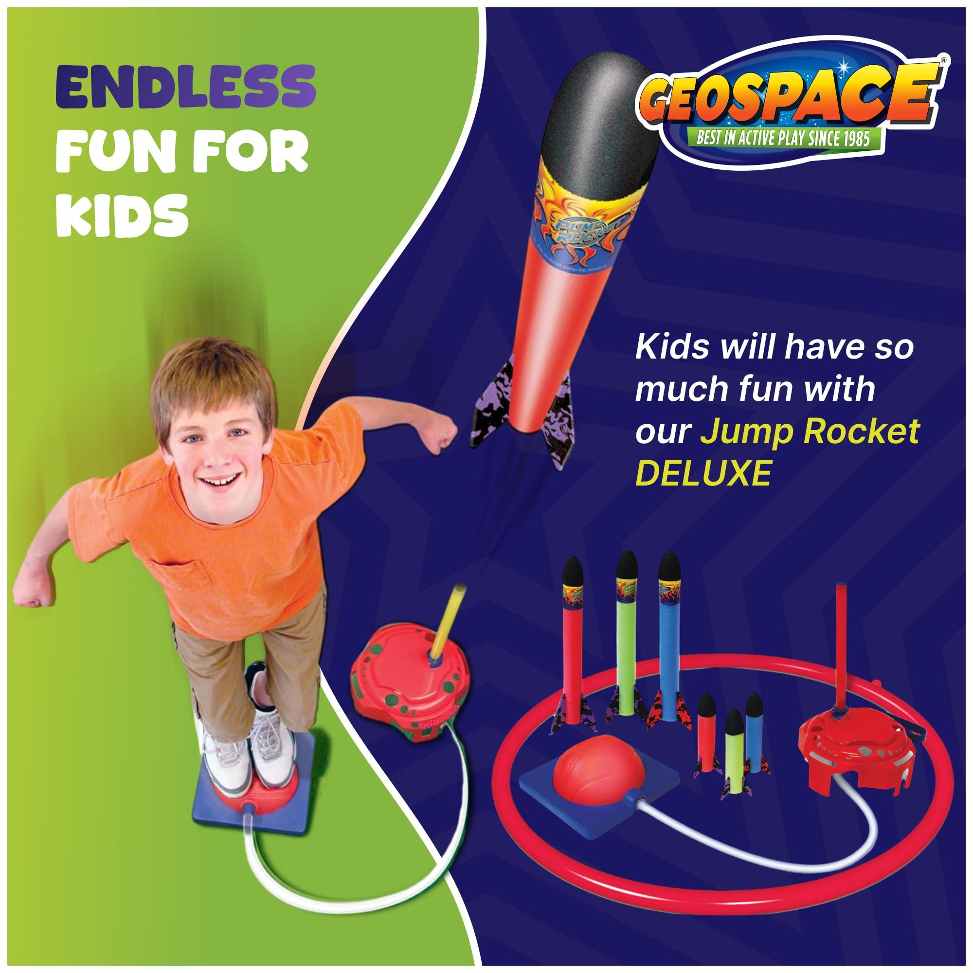 Geospace Geospace Jump Rocket Deluxe Size Set Single Pump 6 Flying Foam Rockets Outdoor Toys for Kids, Boys & Girls Stomper Rocket Set Leg Powered Stomper Rockets Toy - Cool Toys for Fun