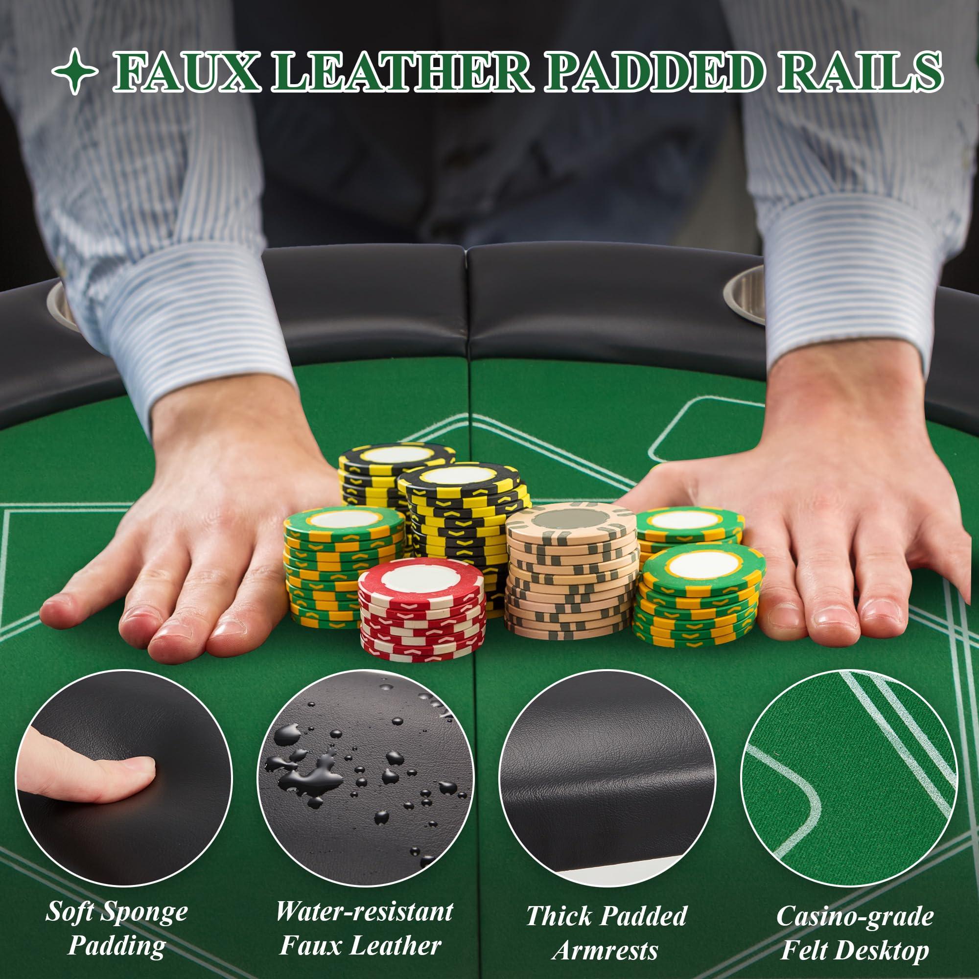 ECOTOUGE ECOTOUGE 8 Players Poker Table Foldable, Round Casino Texas Holdem Table with Stainless Steel Cup Holders & Faux Leather Padded Rails, Folding Gaming Table for Card Games, Green