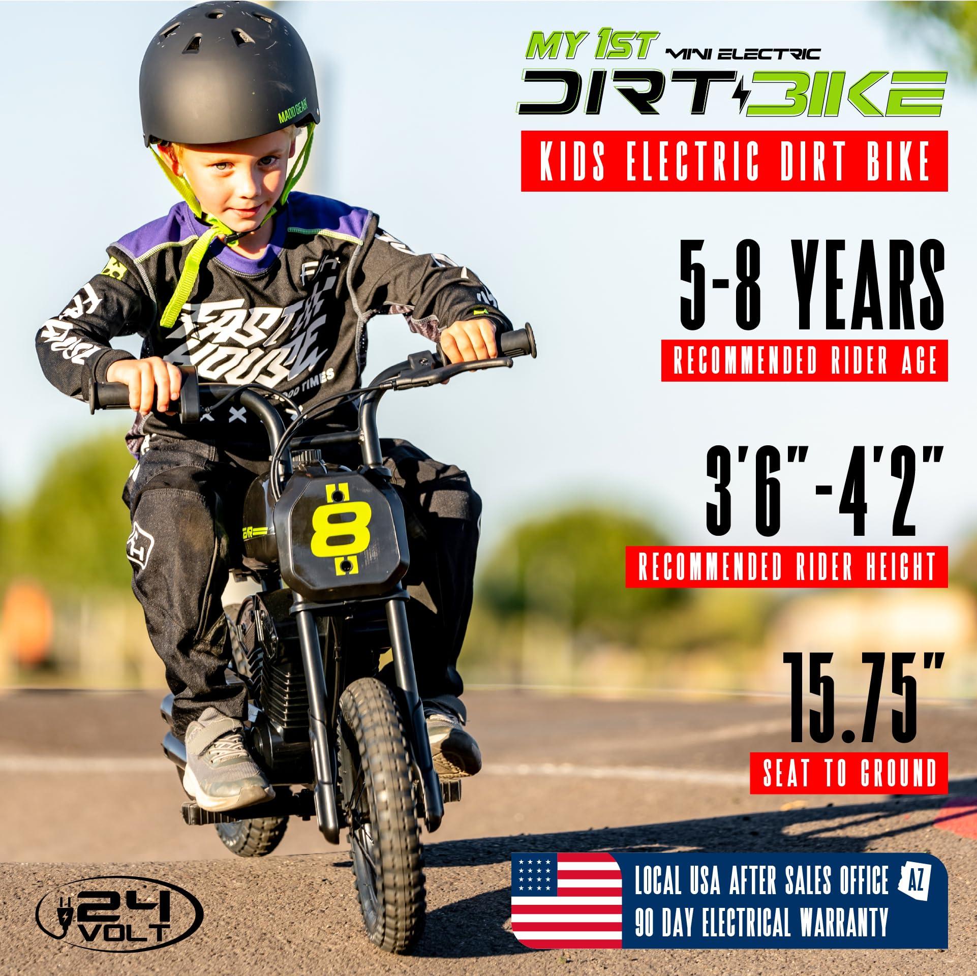 Madd Gear Madd Gear 24-Volt My 1st Mini Electric Dirt Bike for Kids Ages 5-8 - Dual Speed Up to 10 MPH, 12\" Tires, 7.5 Mile Range, 110 lbs Max Capacity - Lightweight, Safe Electric Motorcycle