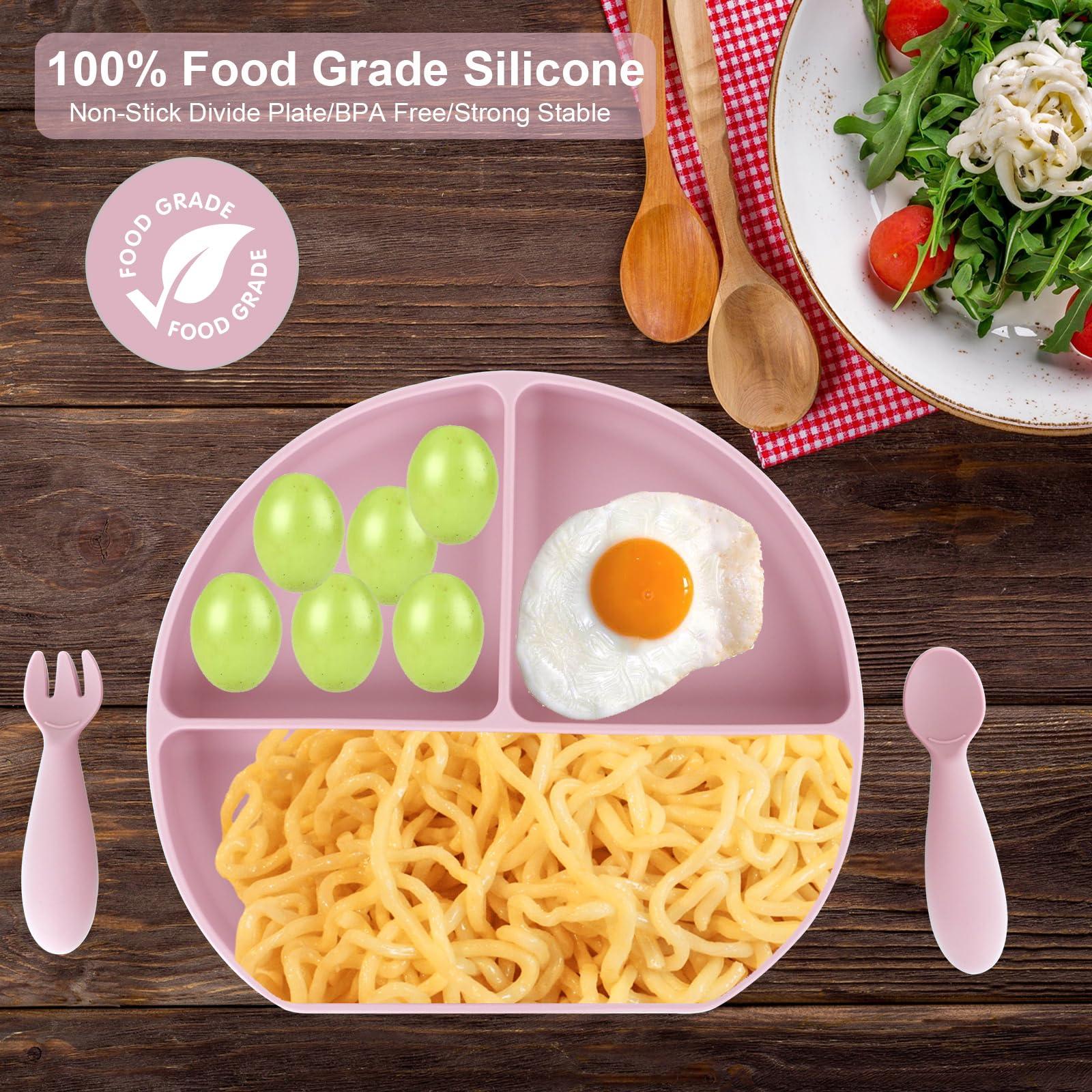 Nalchios Nalchois Silicone Kid Plate with Suction, Toddler Plates with Spoon & Fork, 100% Food-Grade Silicone Round Style, Non-Slip, Divided Plates for Toddlers & Kids, Dishwasher & Microwave Safe (Pink)