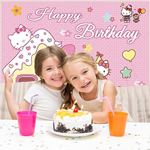 Lenglet Kawaii Kitty Birthday Party Supplies, Happy Birthday Backdrop for Kawaii Theme Party, 5 x 3 FT Cute Kitty Photography Background Banner for Girls Boys Birthday Party Decorations